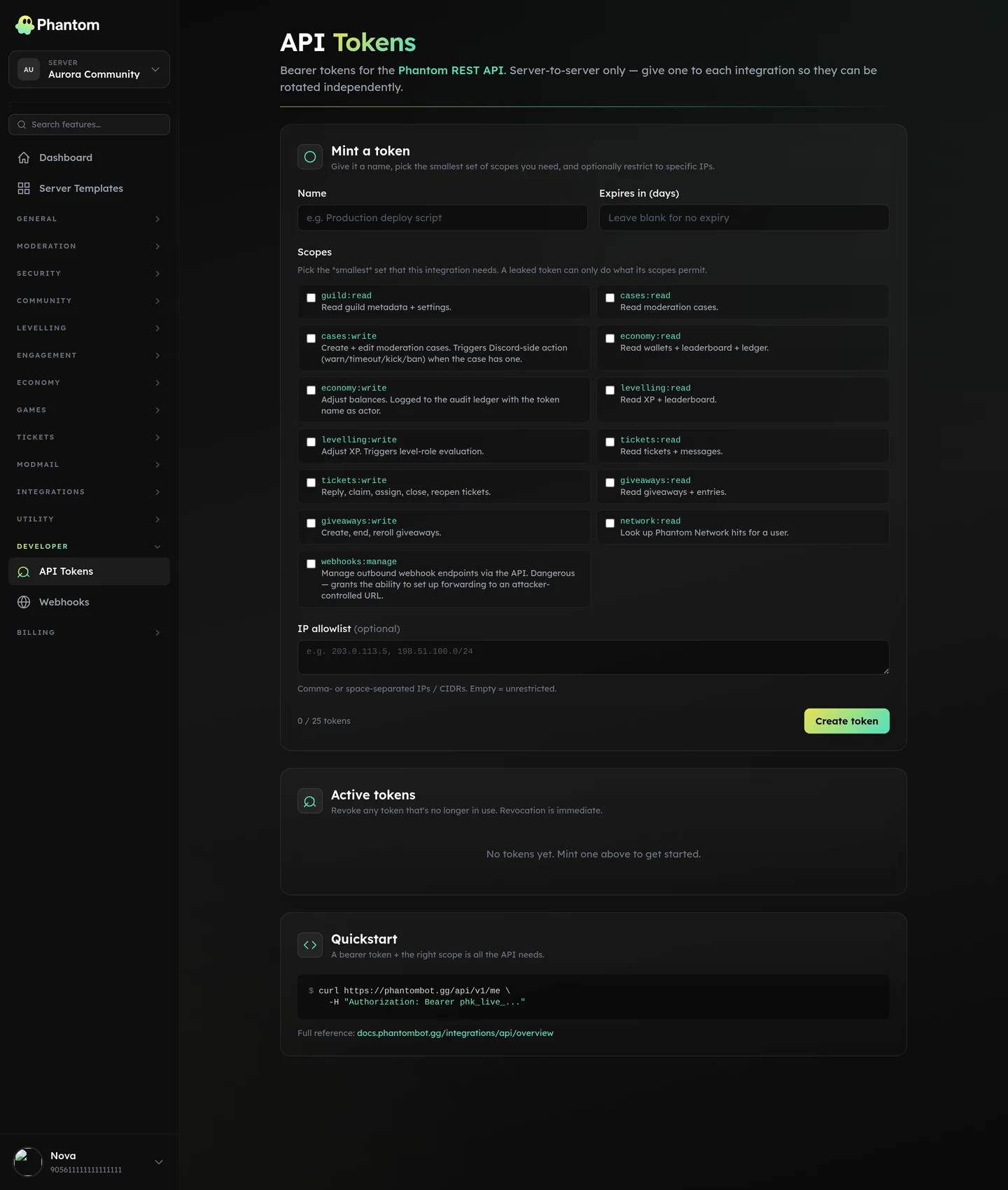 Phantom REST API tokens page for a Discord server with scoped bearer tokens