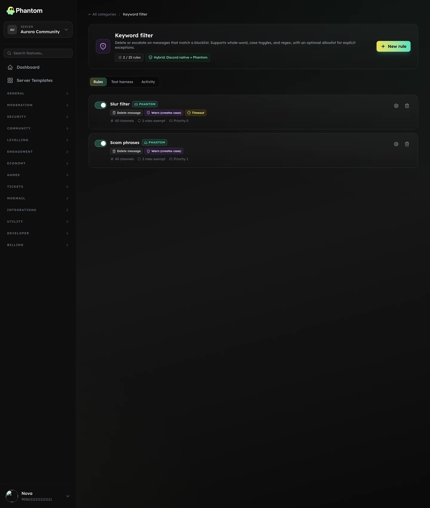Phantom keyword automod rules for Discord blocking slurs and scam phrases