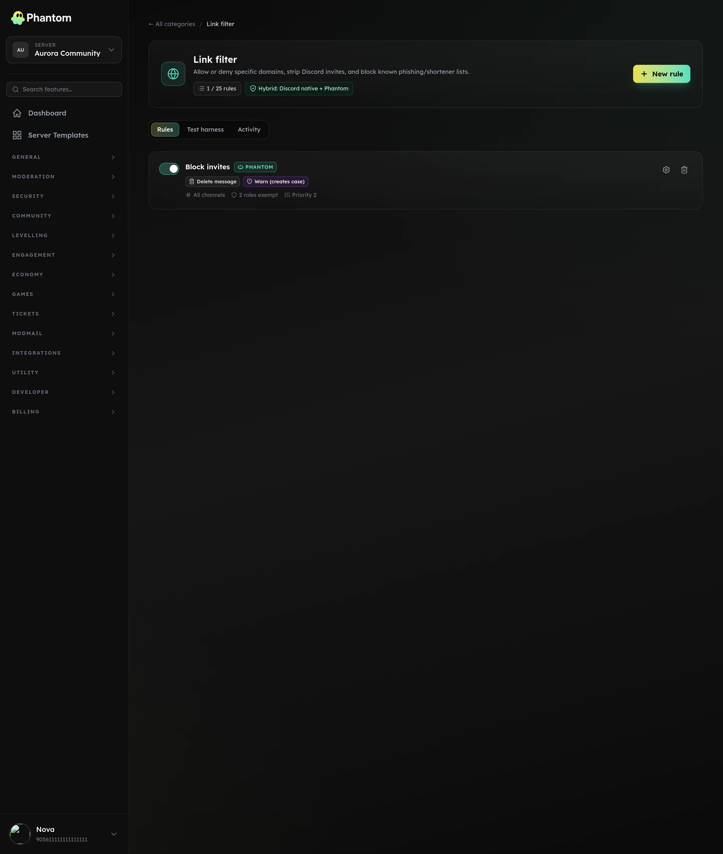 Phantom link automod rules for Discord blocking invites and shortened URLs