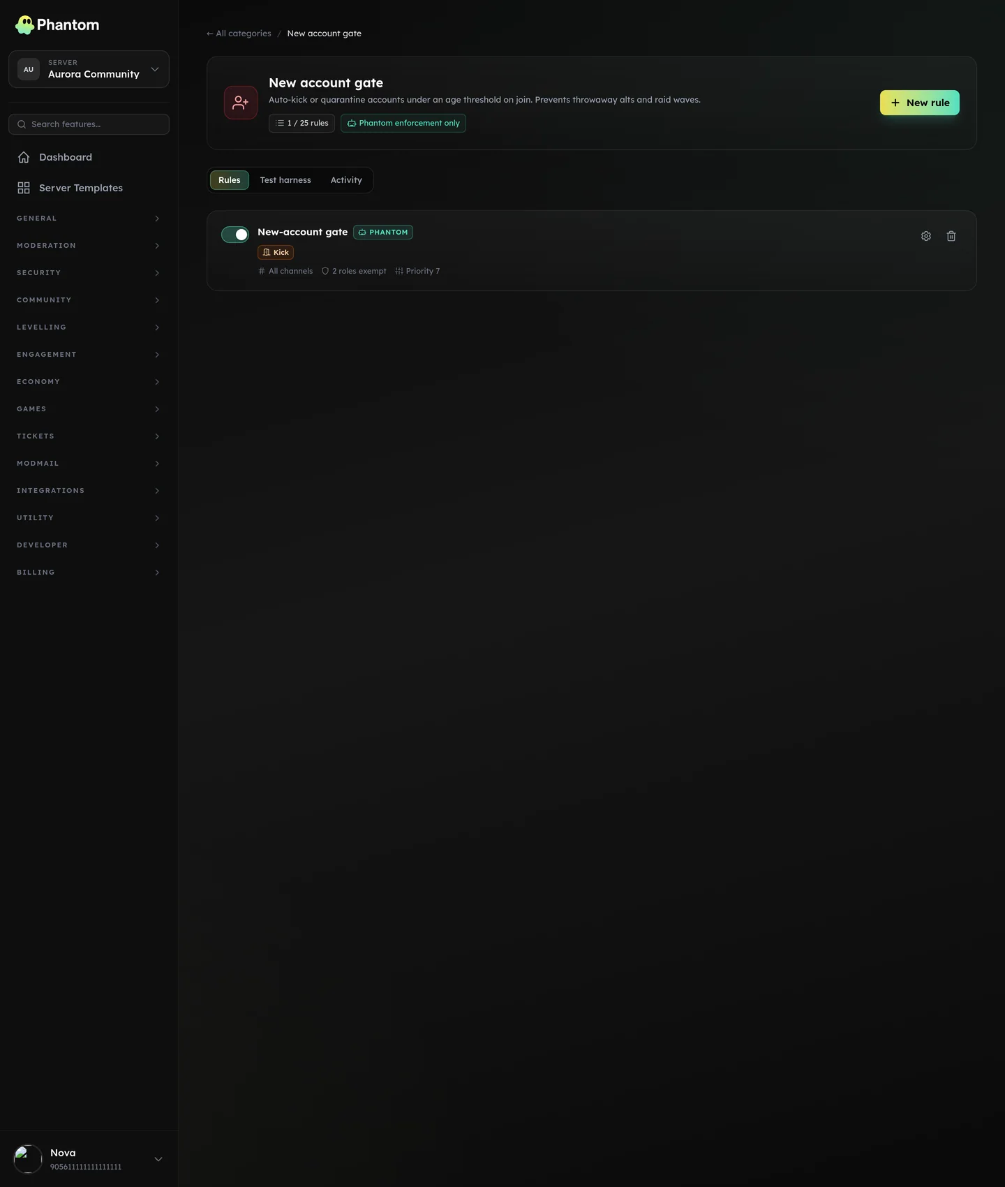 Phantom new account join gate settings for Discord servers