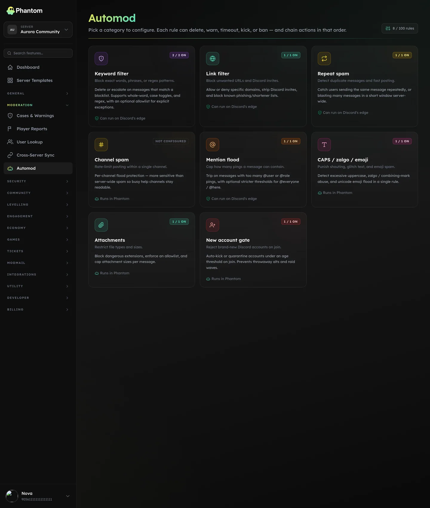 Phantom Discord automod overview with all eight rule categories and their status