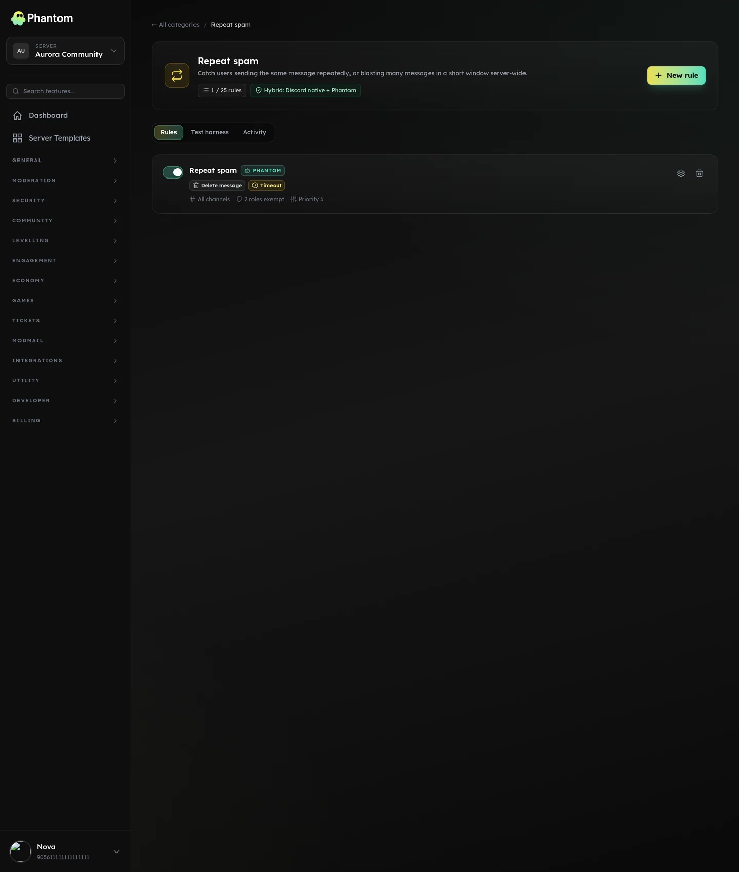 Phantom spam automod settings for Discord with message rate thresholds