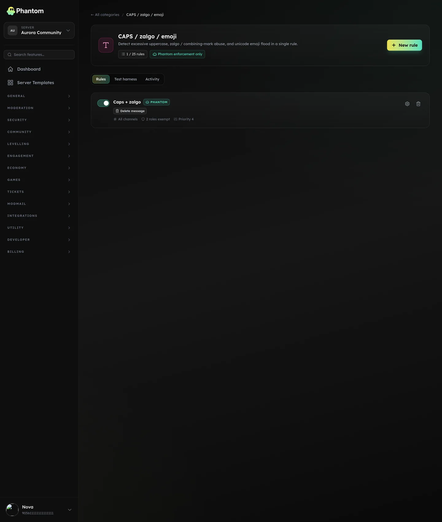 Phantom text style automod settings for Discord catching caps, zalgo and emoji spam