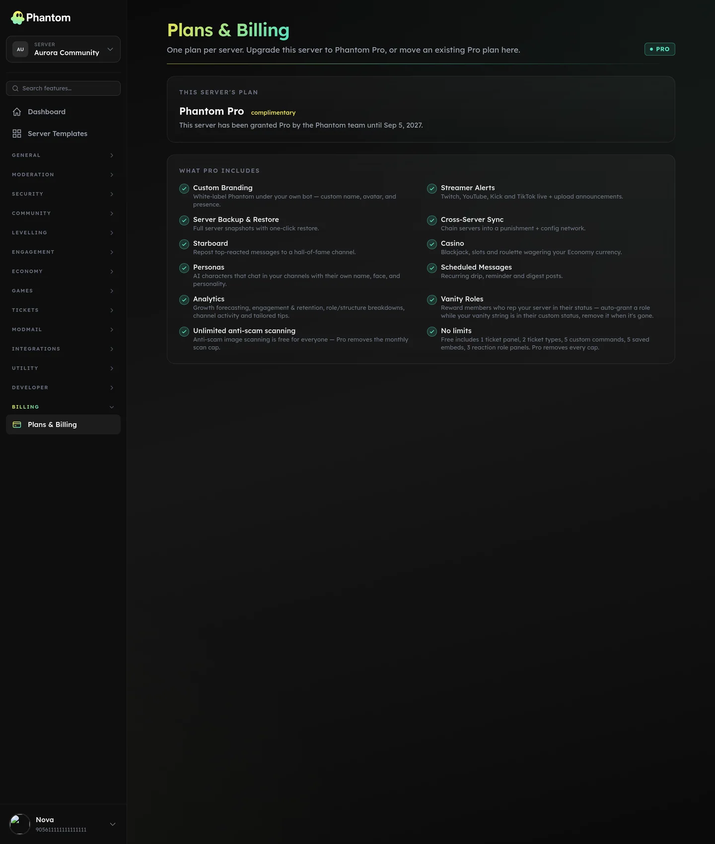 Phantom plans and billing page showing the Pro subscription, renewal date and server assignment