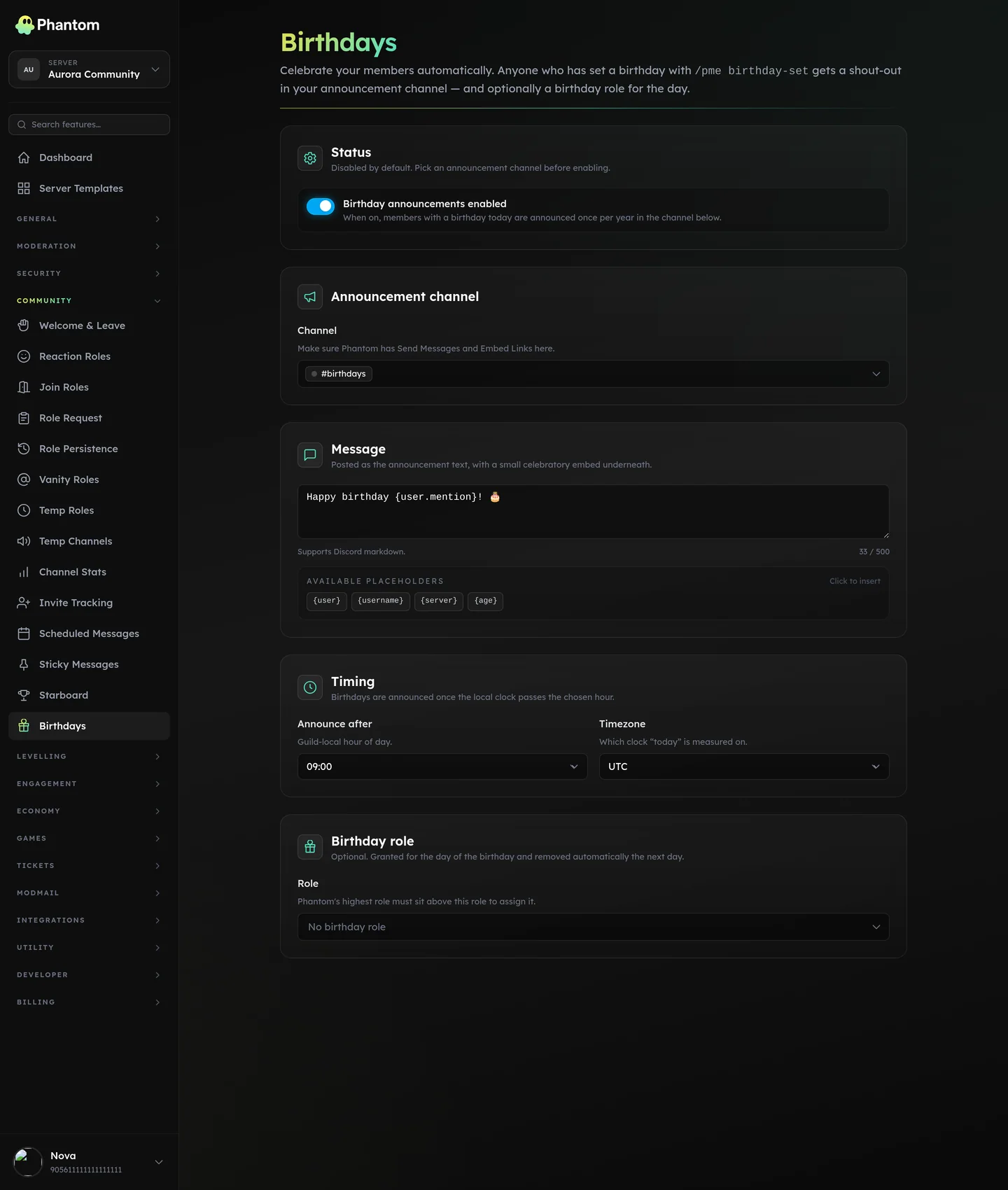 Phantom birthday announcements settings for a Discord server