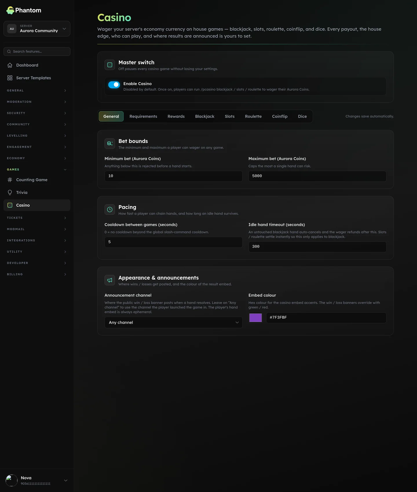 Phantom casino settings for Discord with blackjack, slots, roulette, coinflip and dice