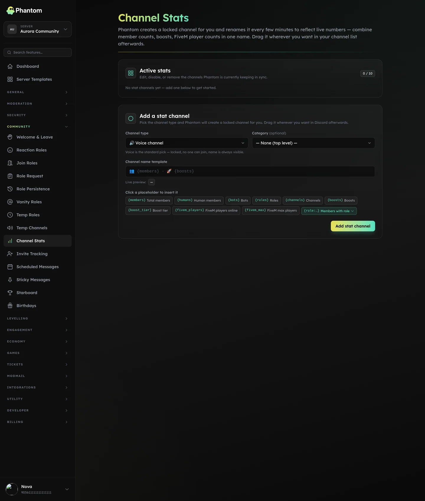 Phantom channel stats page showing live member count channels in Discord