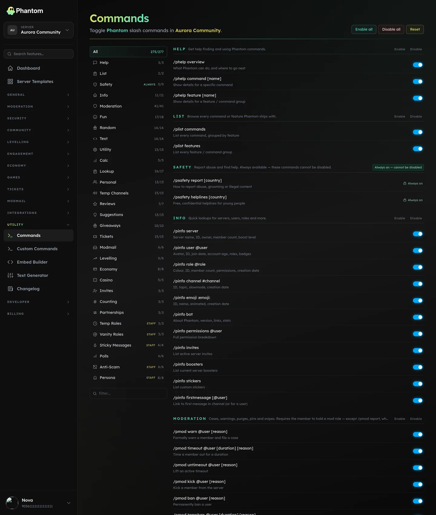 Phantom command toggles page enabling and disabling slash commands per Discord server