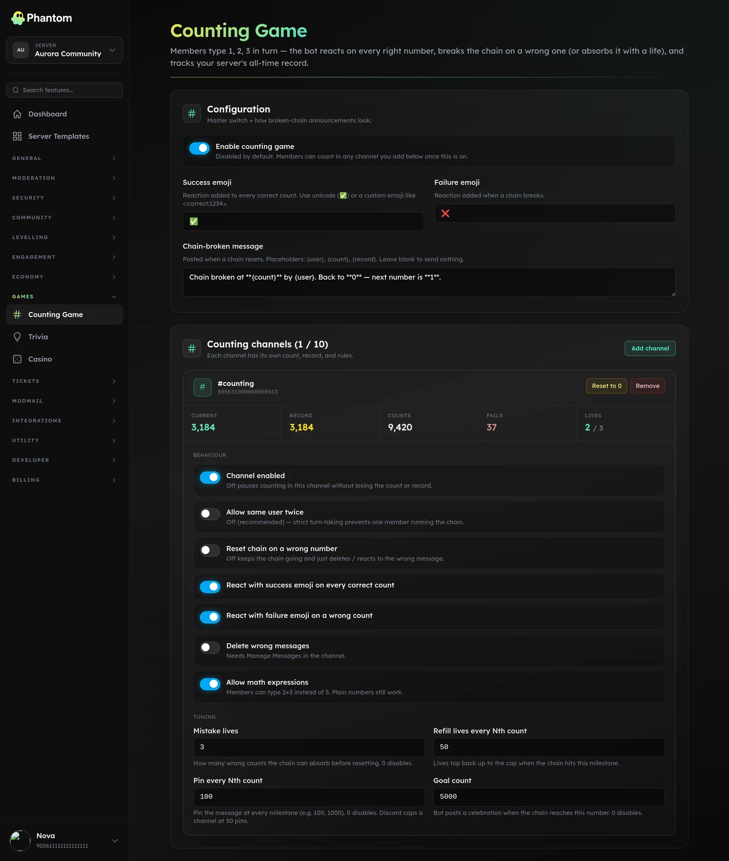 Phantom counting channel settings for Discord with lives, records and goals
