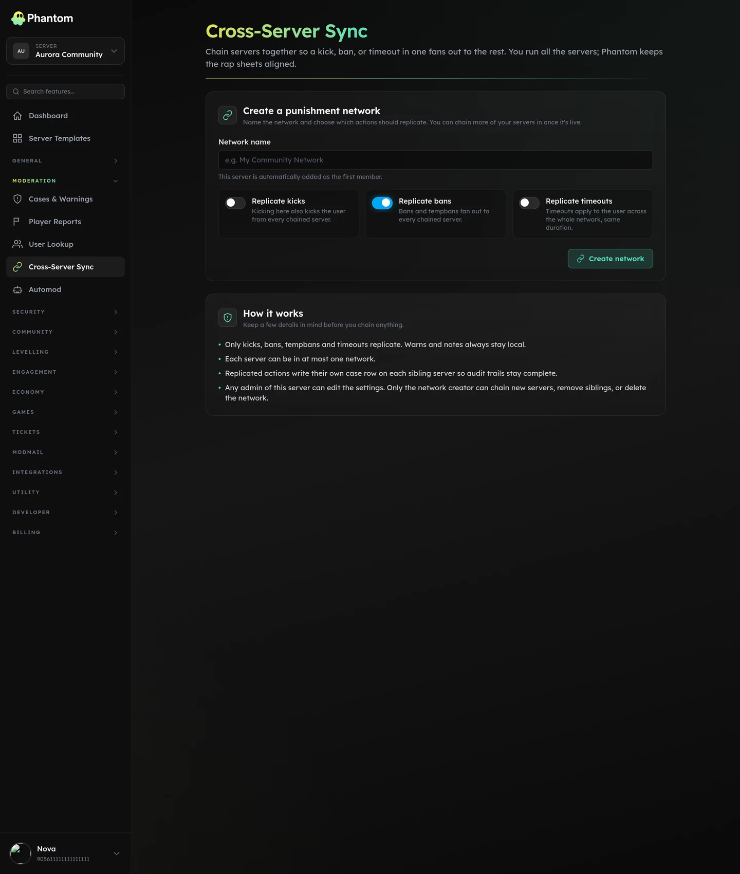 Phantom cross-server sync page chaining several Discord servers into one moderation network