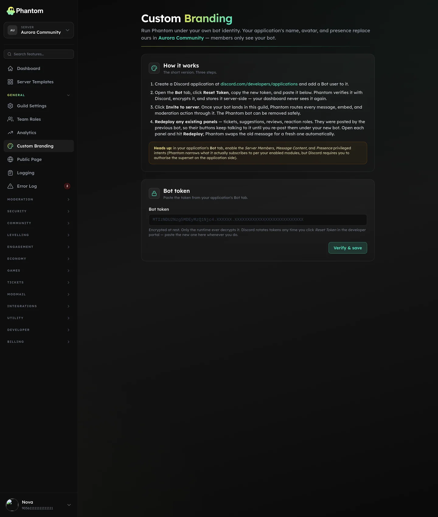 Phantom custom branding page running the bot under a server owner custom Discord bot
