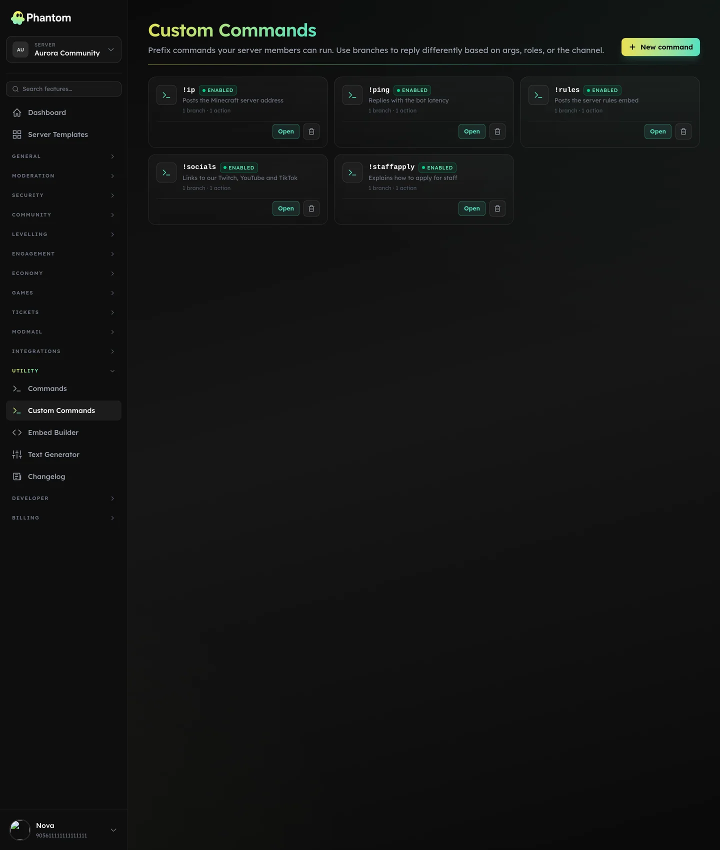 Phantom custom slash command builder for Discord with conditions and actions