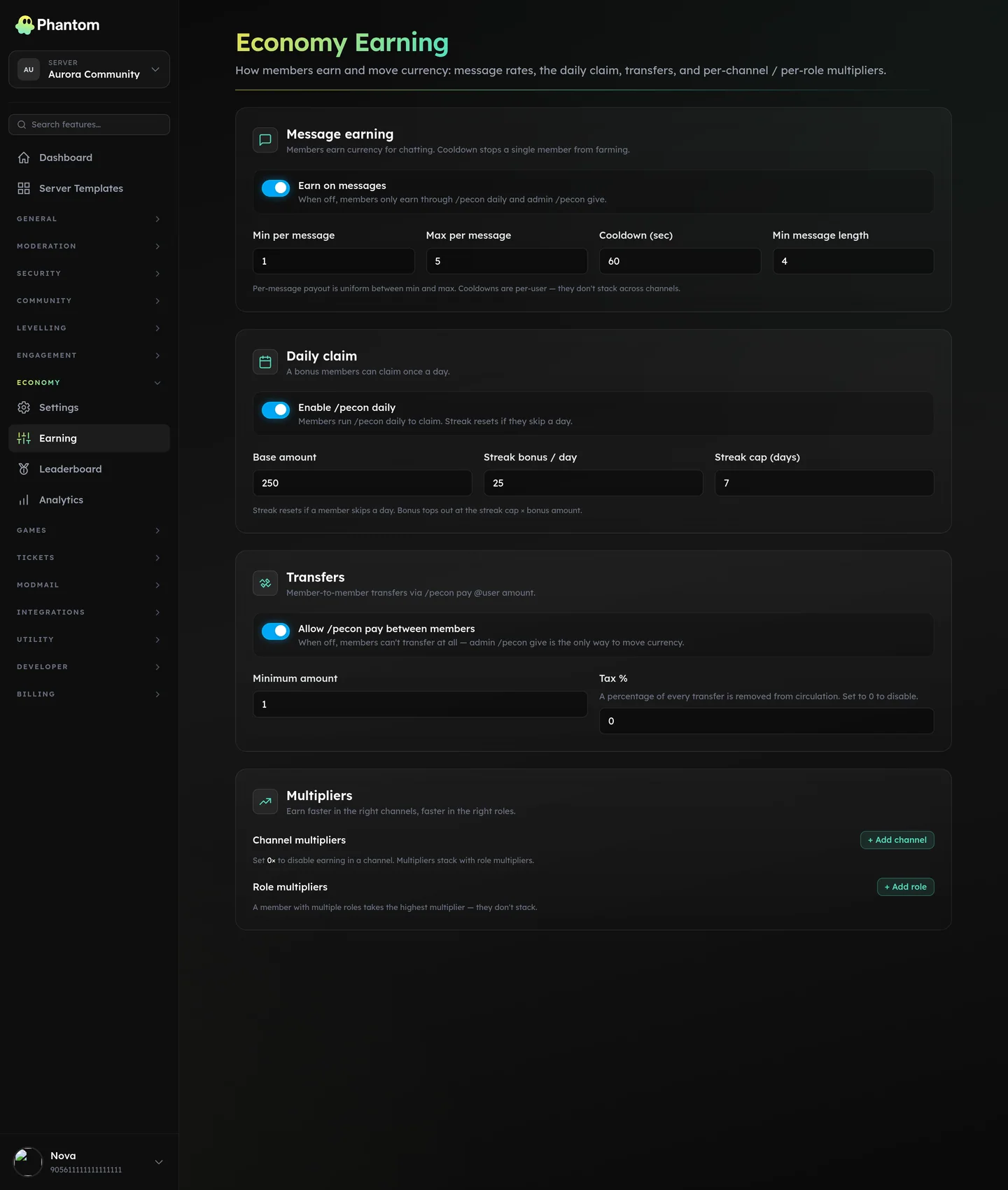 Phantom Discord economy earning settings for message rewards, daily bonuses and work payouts