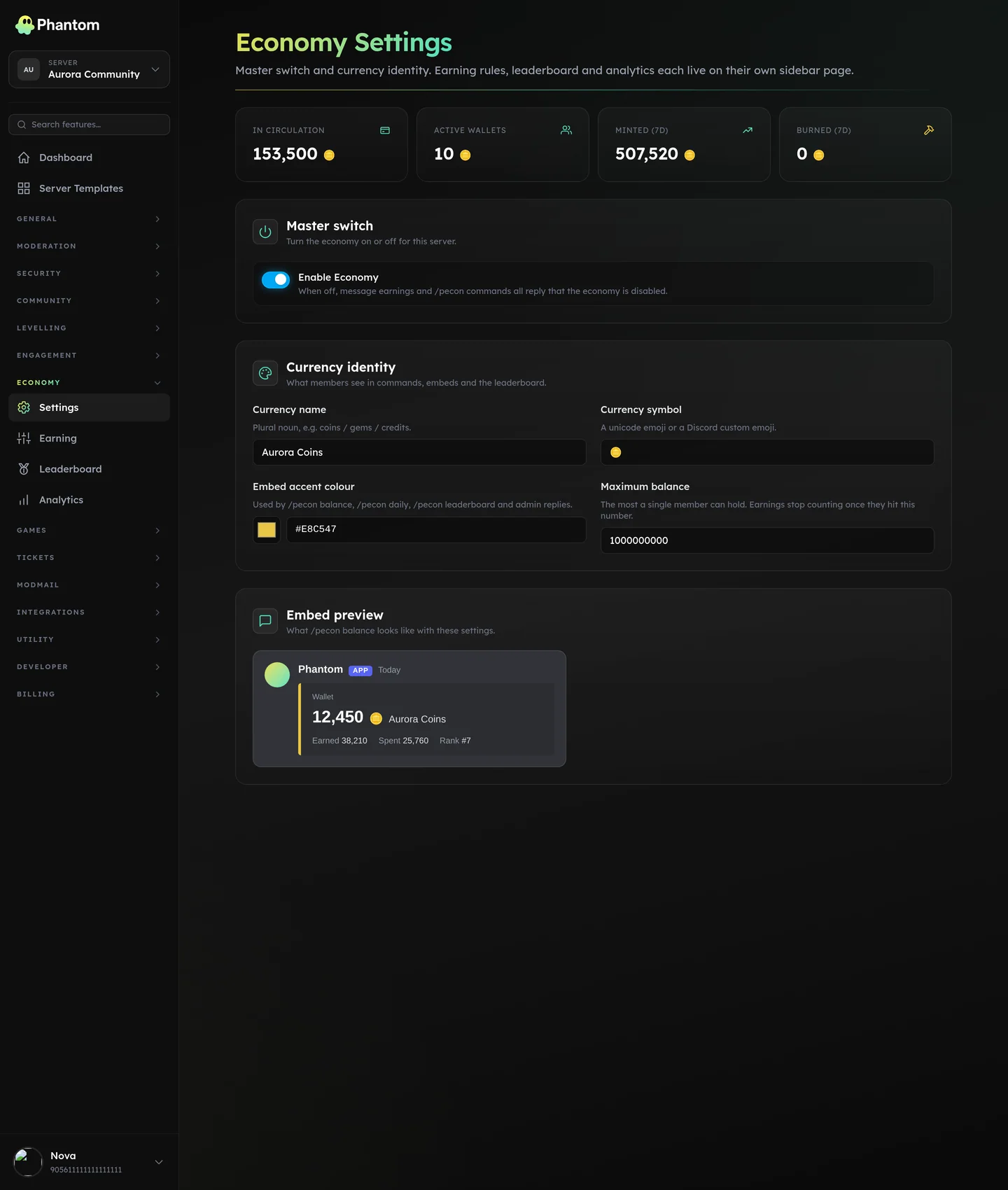 Phantom Discord economy settings with a custom currency name, daily reward and starting balance