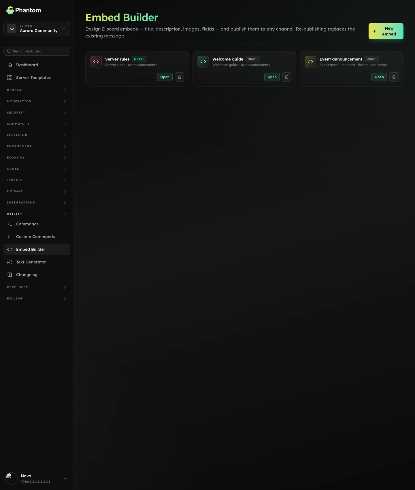 Phantom embed builder for Discord with a live preview and saved embed templates
