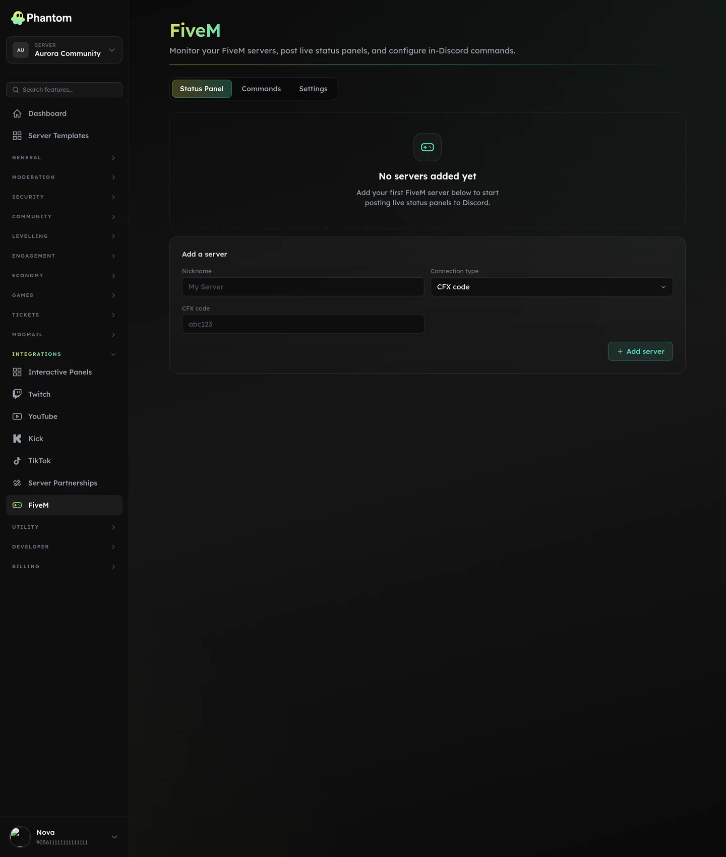 Phantom FiveM integration page showing server status panels in Discord