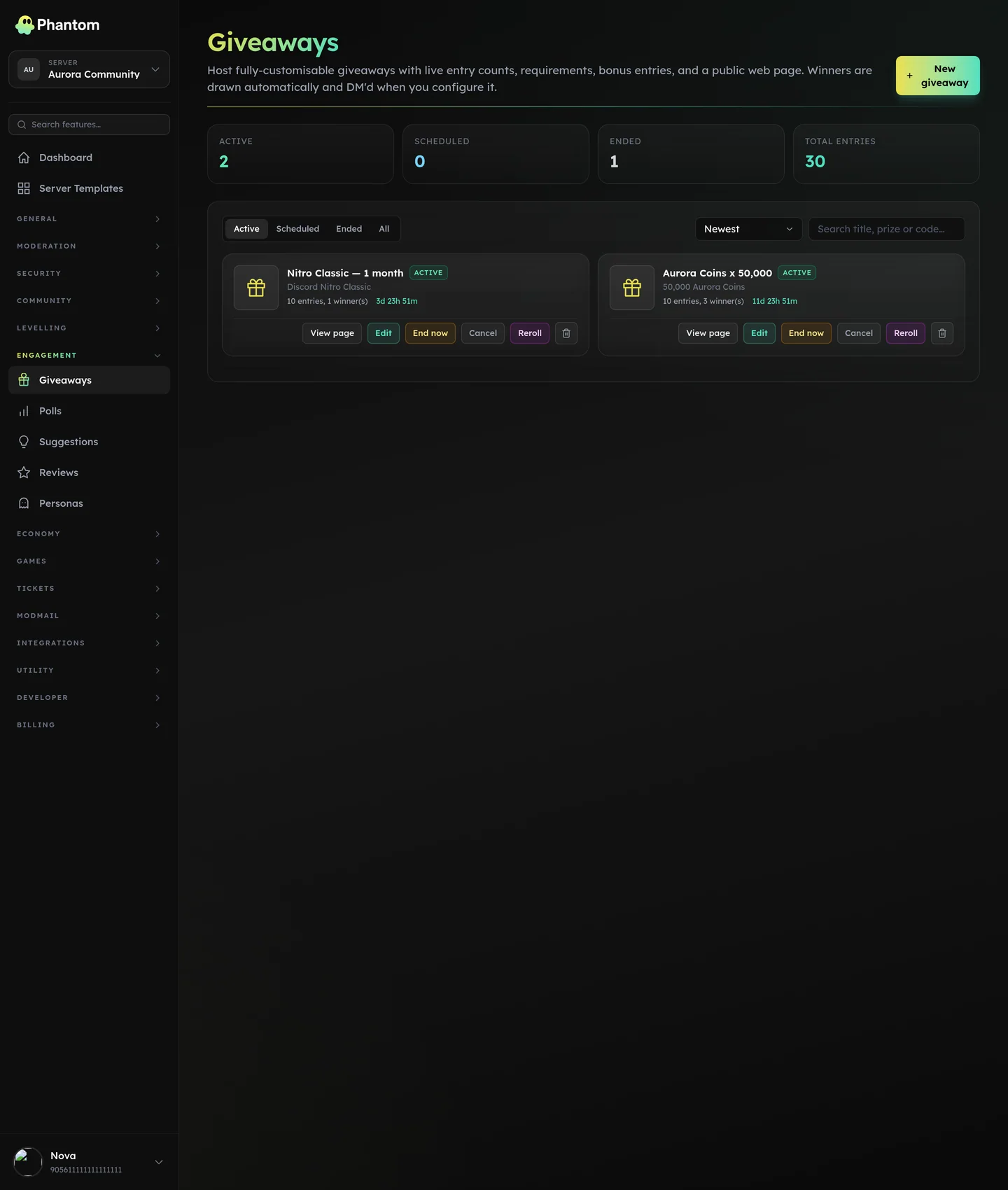 Phantom Discord giveaway manager with active giveaways, entry requirements and winners