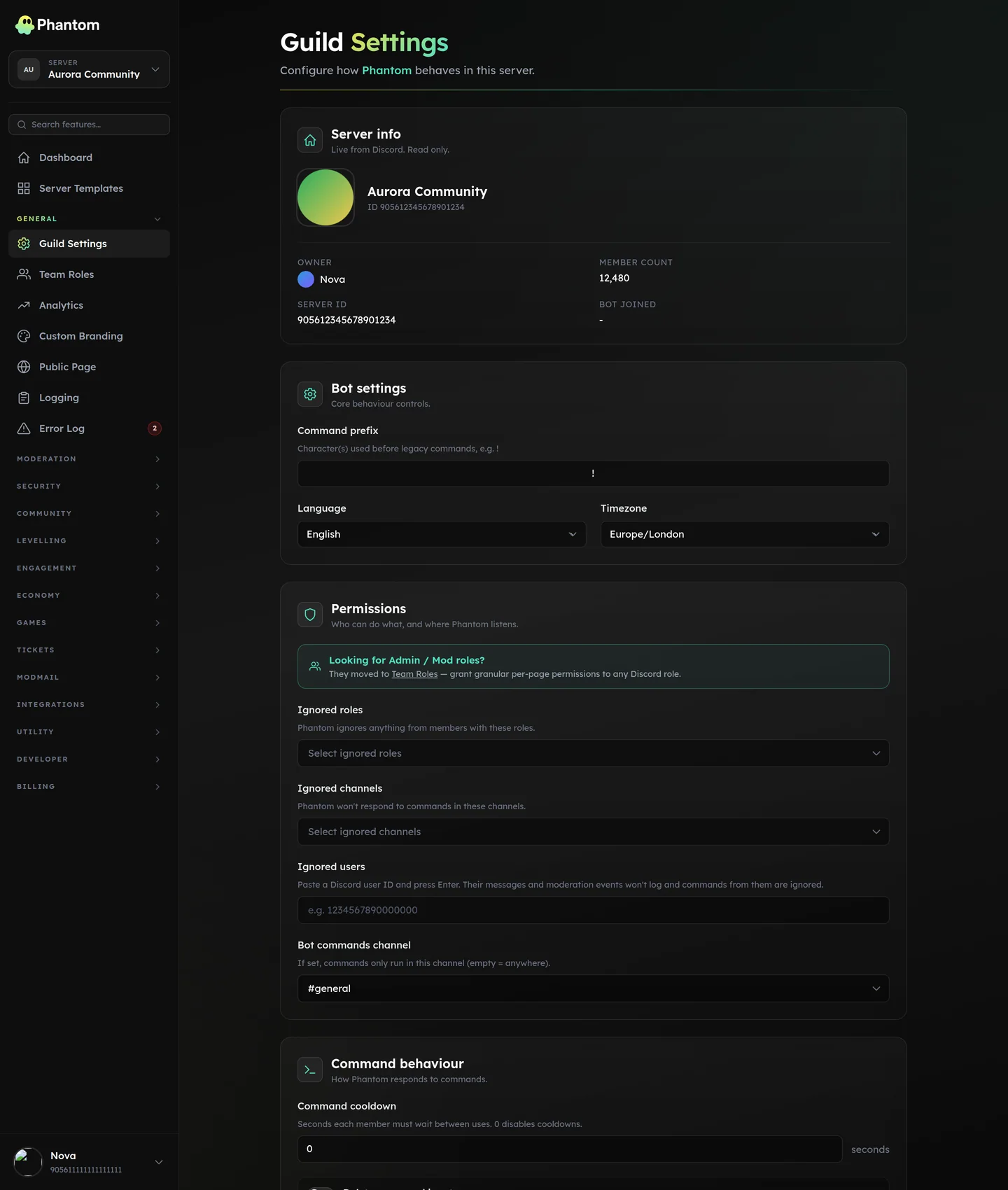 Phantom guild settings page with modules, admin roles and command behaviour