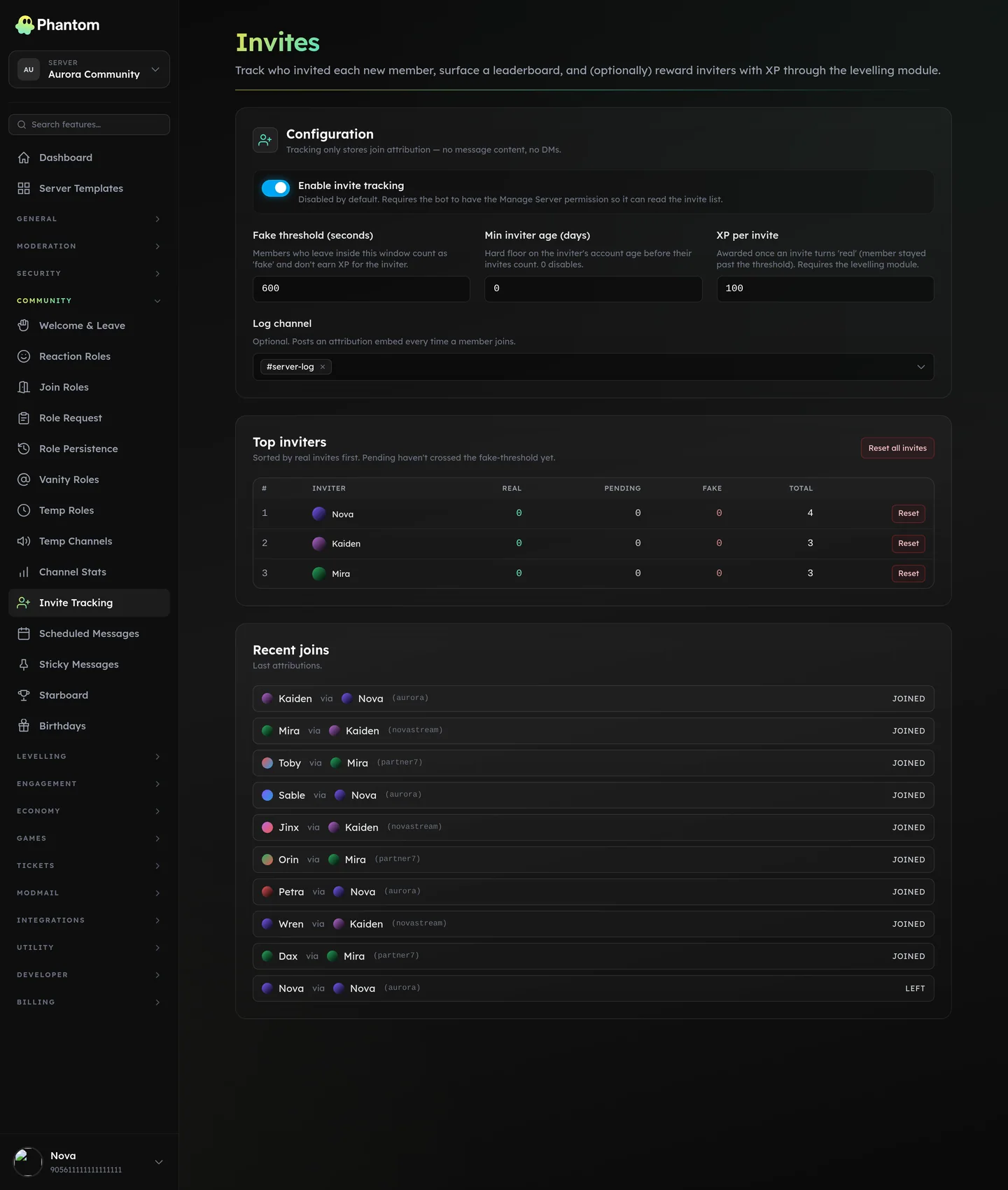Phantom invite tracking for Discord showing who invited each member and the inviter leaderboard