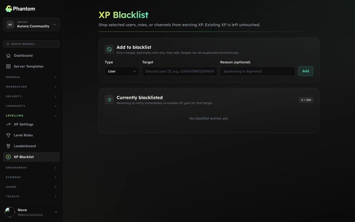 Phantom XP blacklist excluding Discord channels and roles from earning XP
