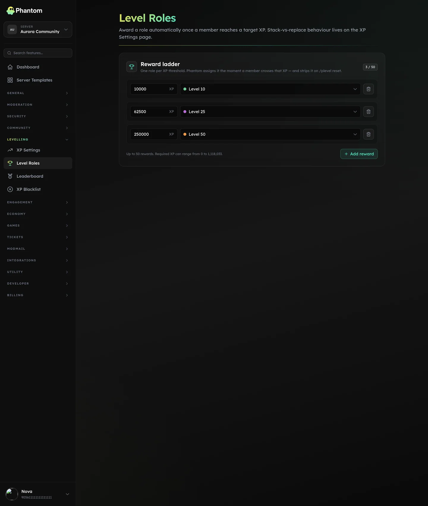 Phantom level roles page rewarding Discord members with roles at set levels