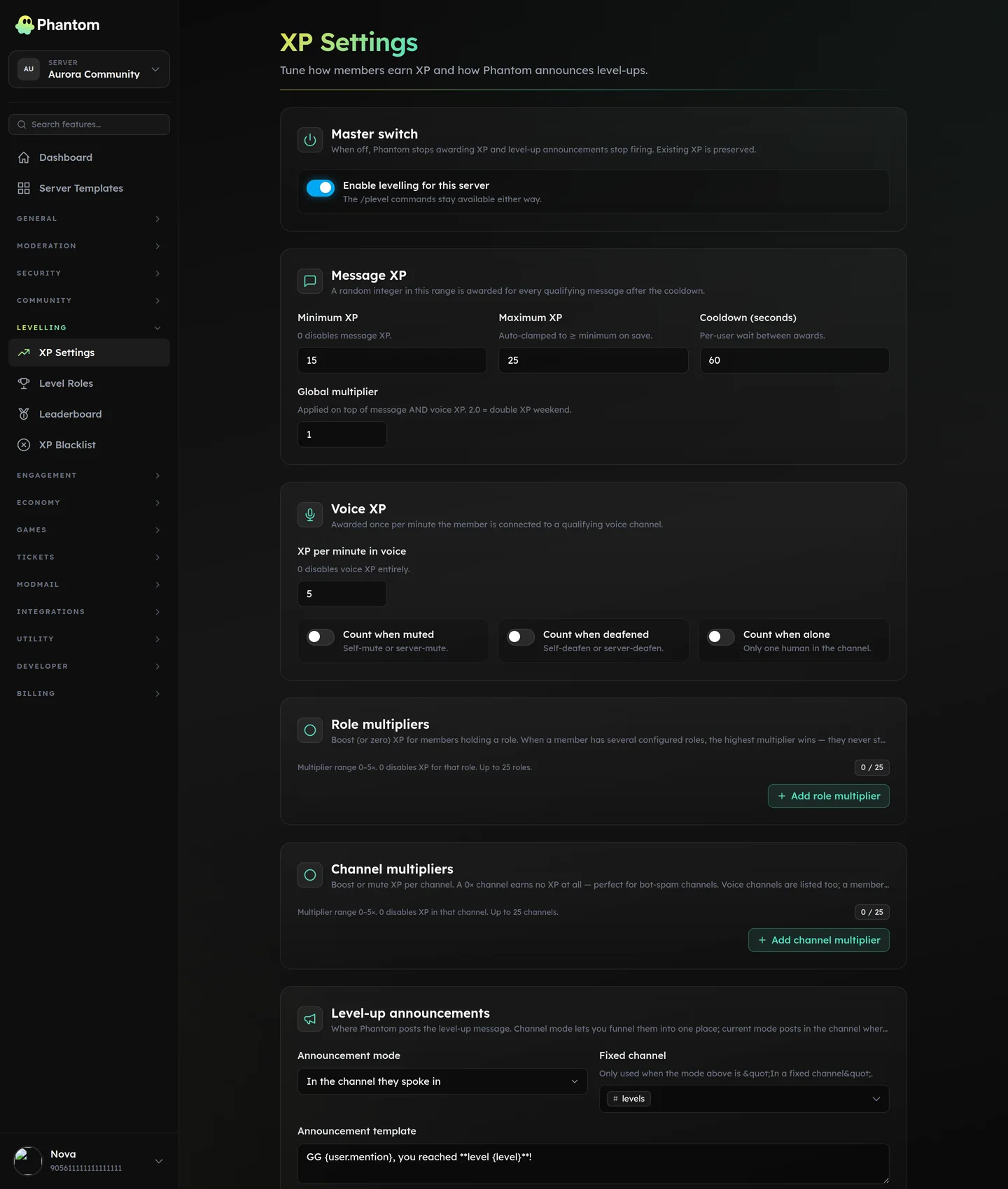 Phantom levelling settings for Discord with XP per message, cooldown and voice XP