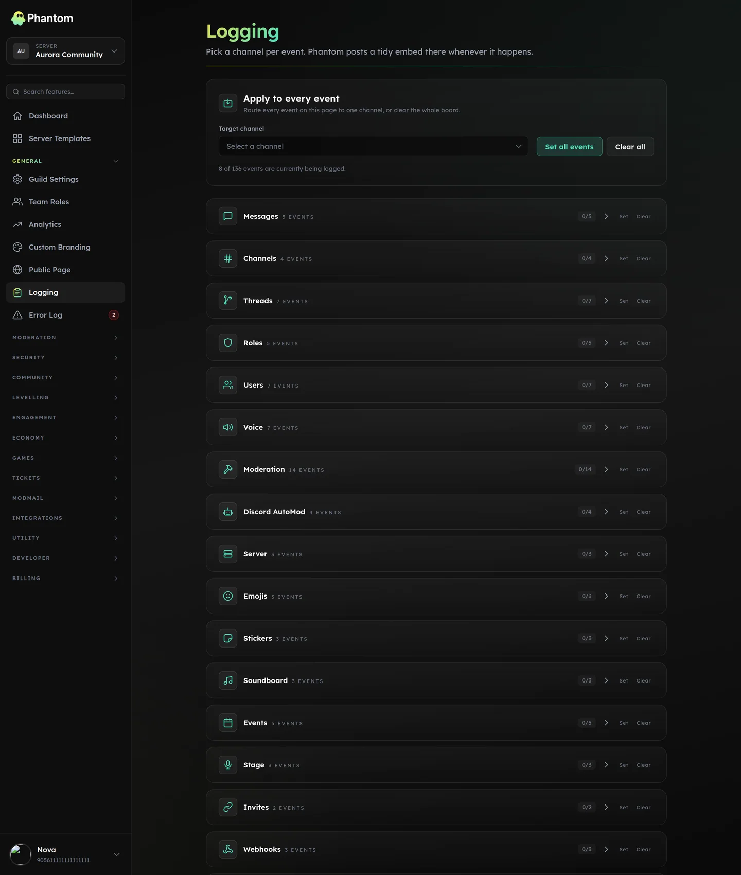 Phantom logging settings routing Discord server events to log channels