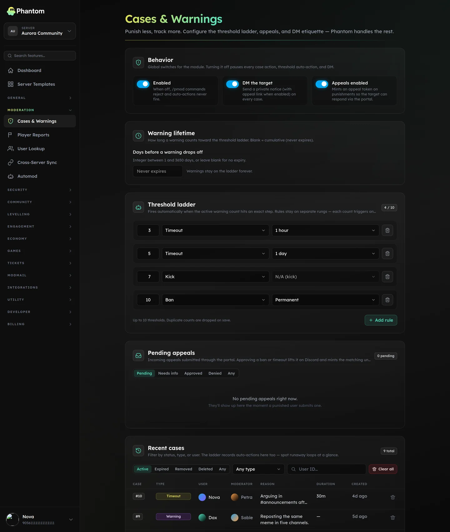 Phantom Discord moderation cases page with the warning threshold ladder and a list of warns, timeouts and bans