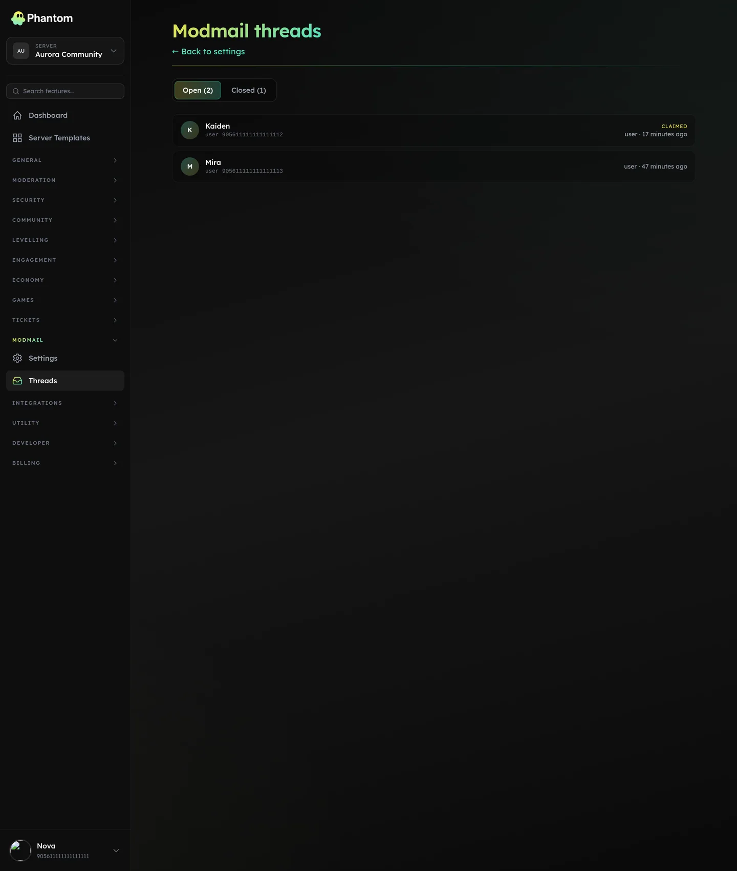 Phantom modmail thread list showing open and closed member conversations