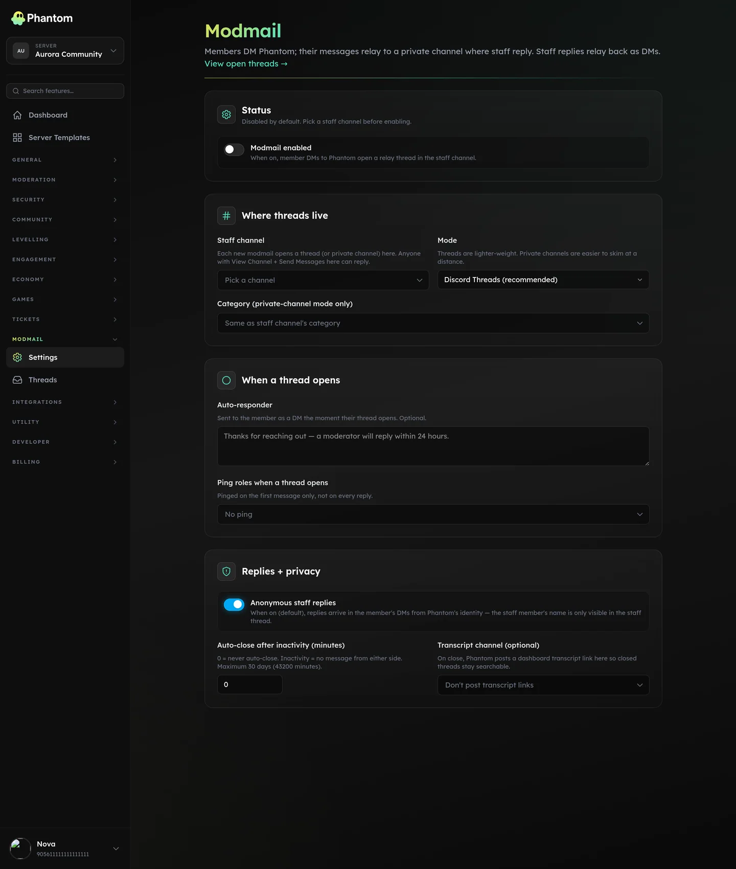 Phantom modmail settings turning Discord DMs into staff threads