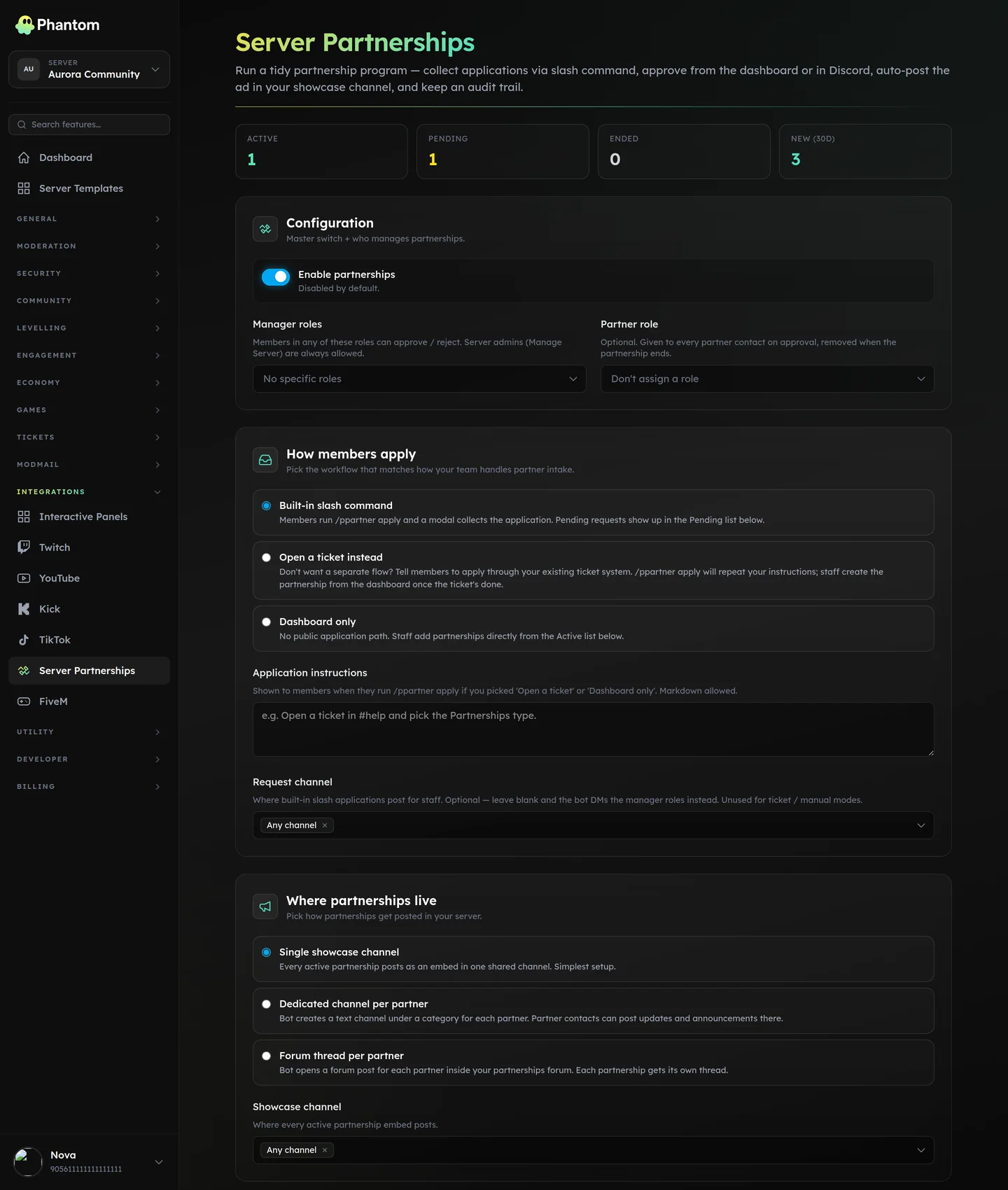 Phantom partnerships page for Discord with applications, active partners and attributed joins