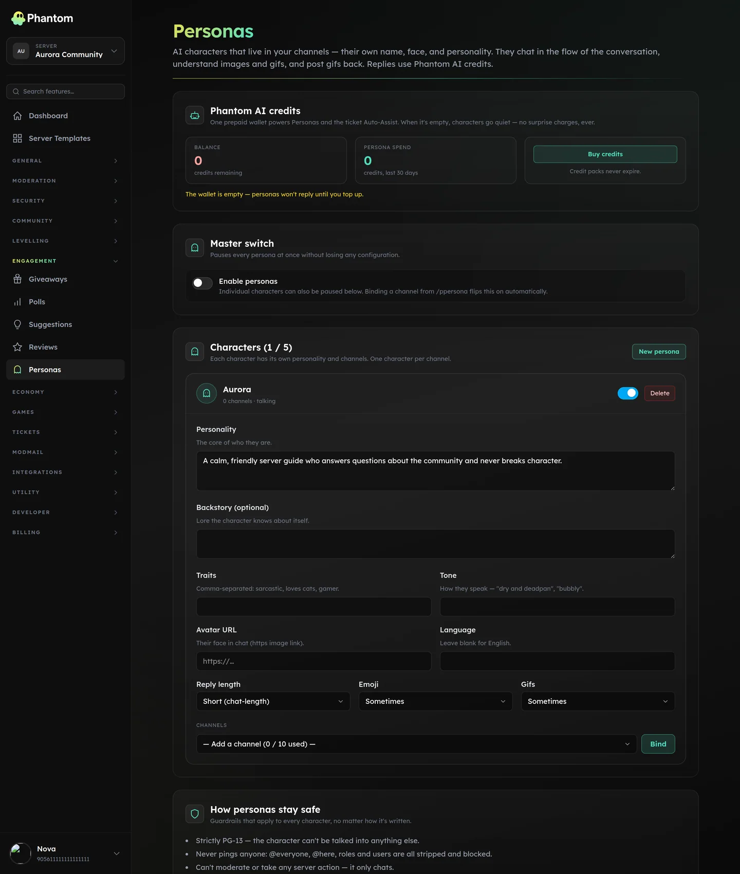 Phantom persona page configuring an AI character that chats in Discord channels