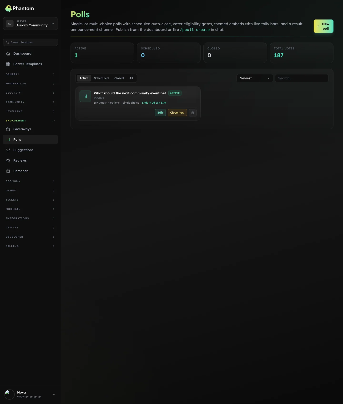 Phantom Discord poll builder with vote counts and result charts