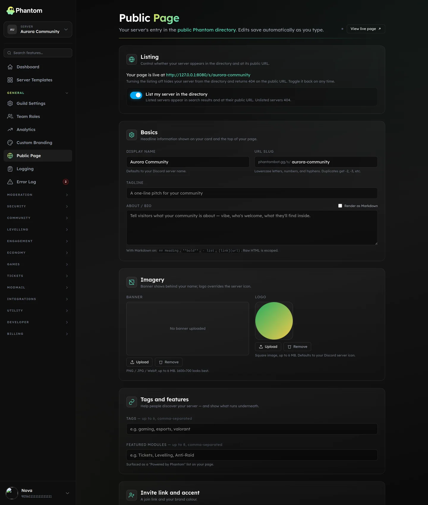 Phantom public page editor for a Discord server, with banner, tagline, links and showcase options