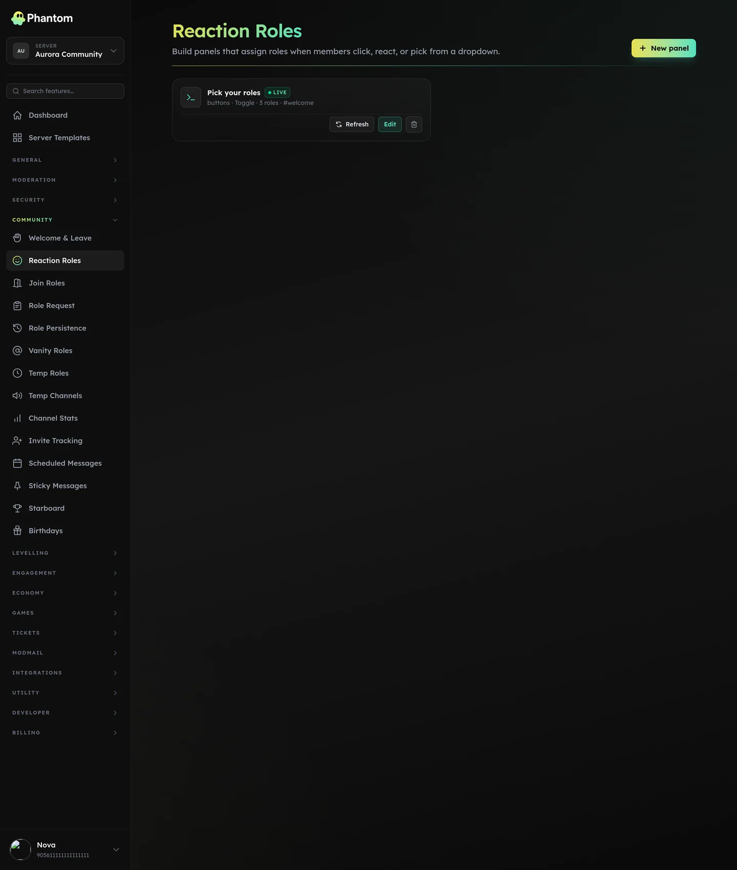 Phantom reaction roles panel builder for Discord with buttons and dropdowns