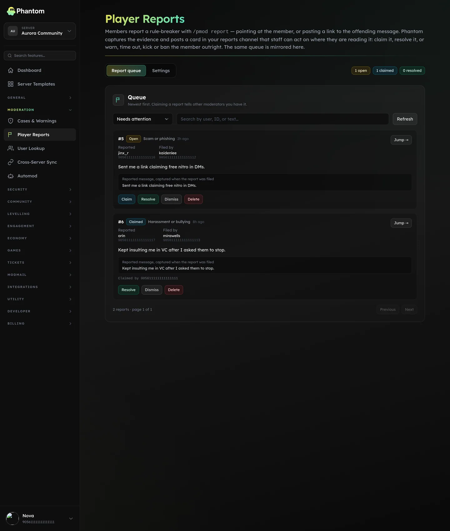 Phantom player reports queue for Discord, showing open, claimed and resolved member reports