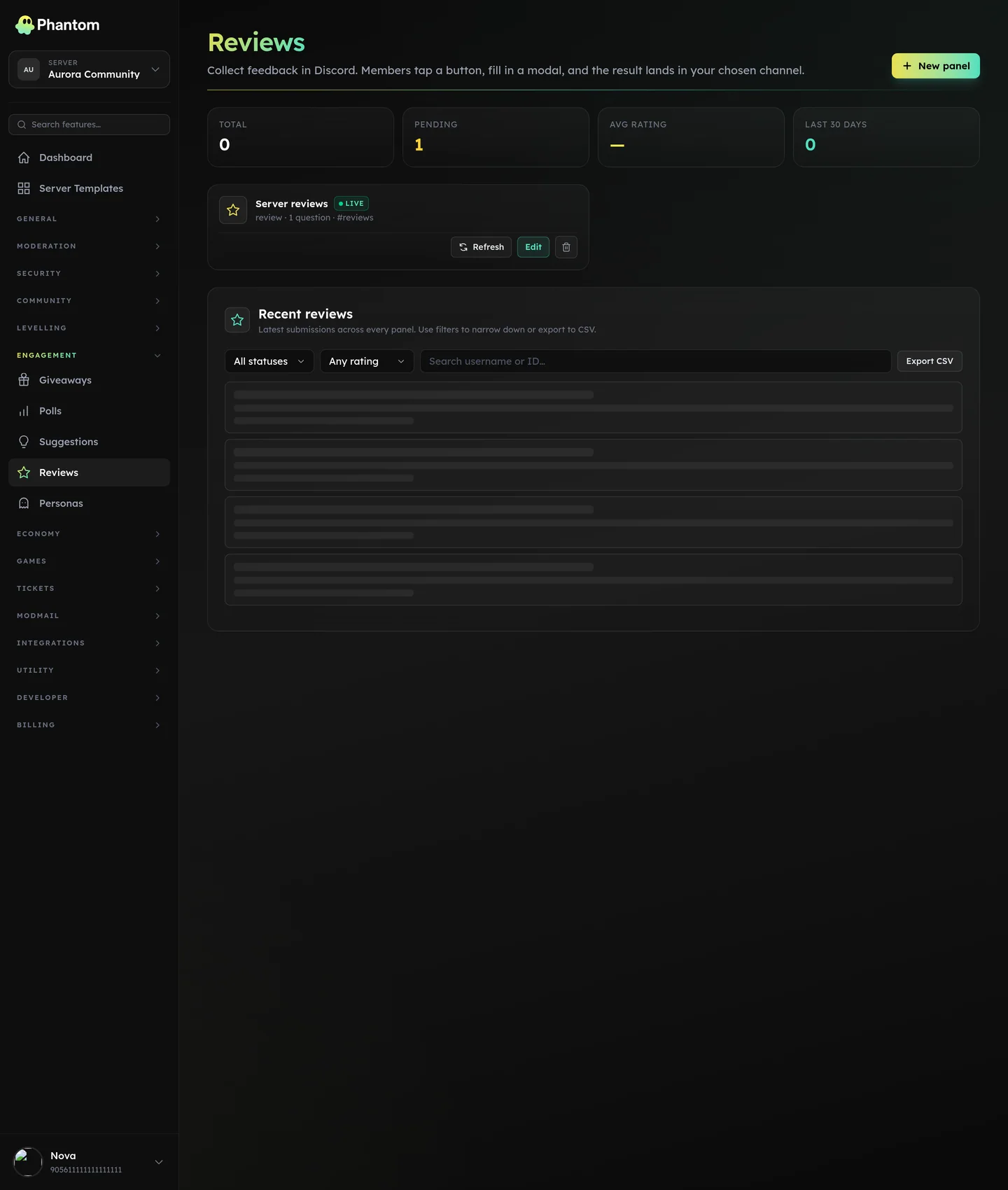 Phantom server reviews page for Discord showing star ratings awaiting approval