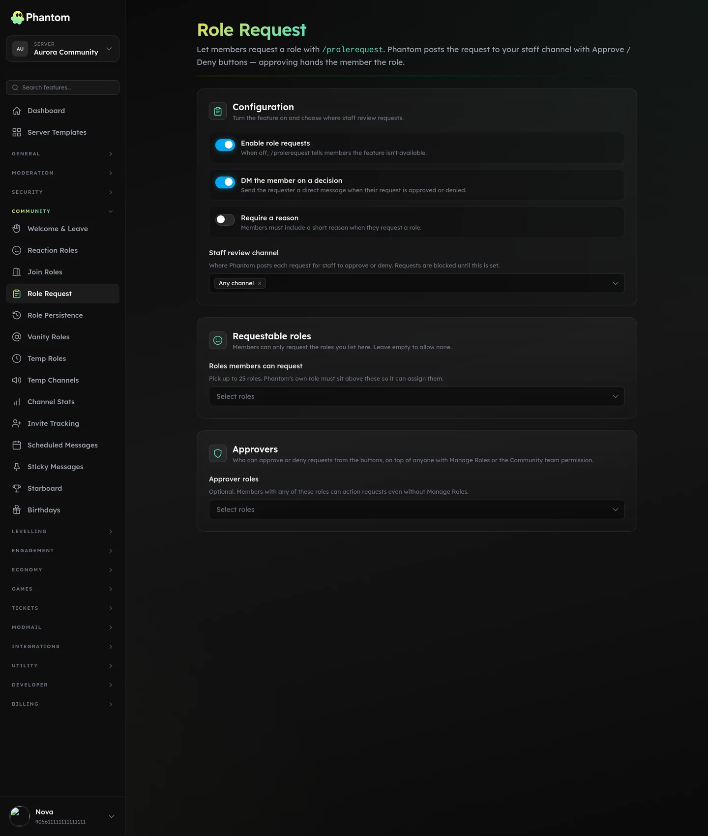 Phantom role request queue for Discord with pending, approved and denied requests