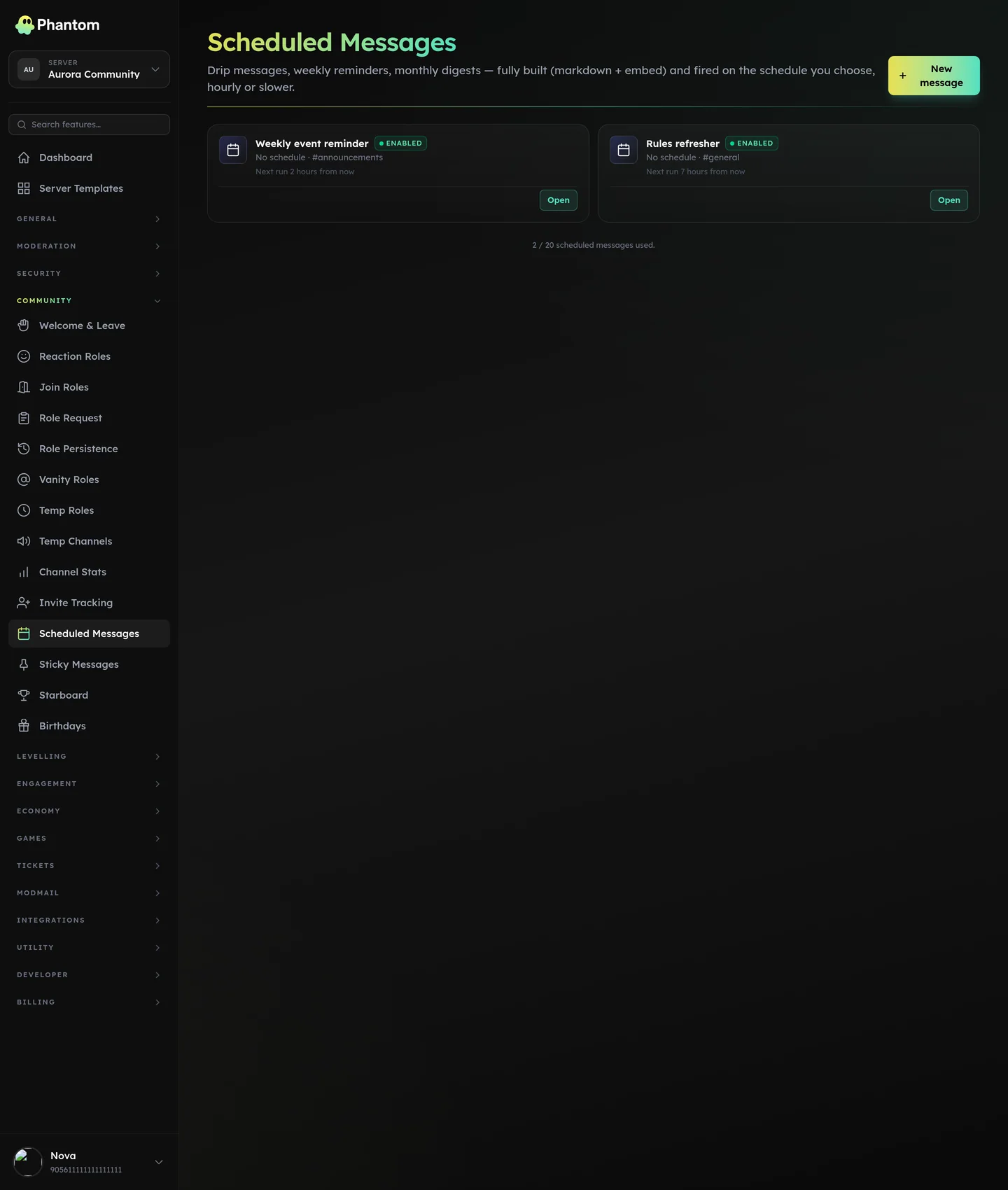 Phantom scheduled messages page for recurring Discord announcements