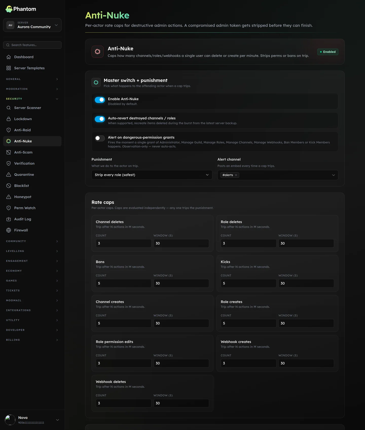 Phantom anti-nuke settings for Discord limiting mass bans and channel deletions