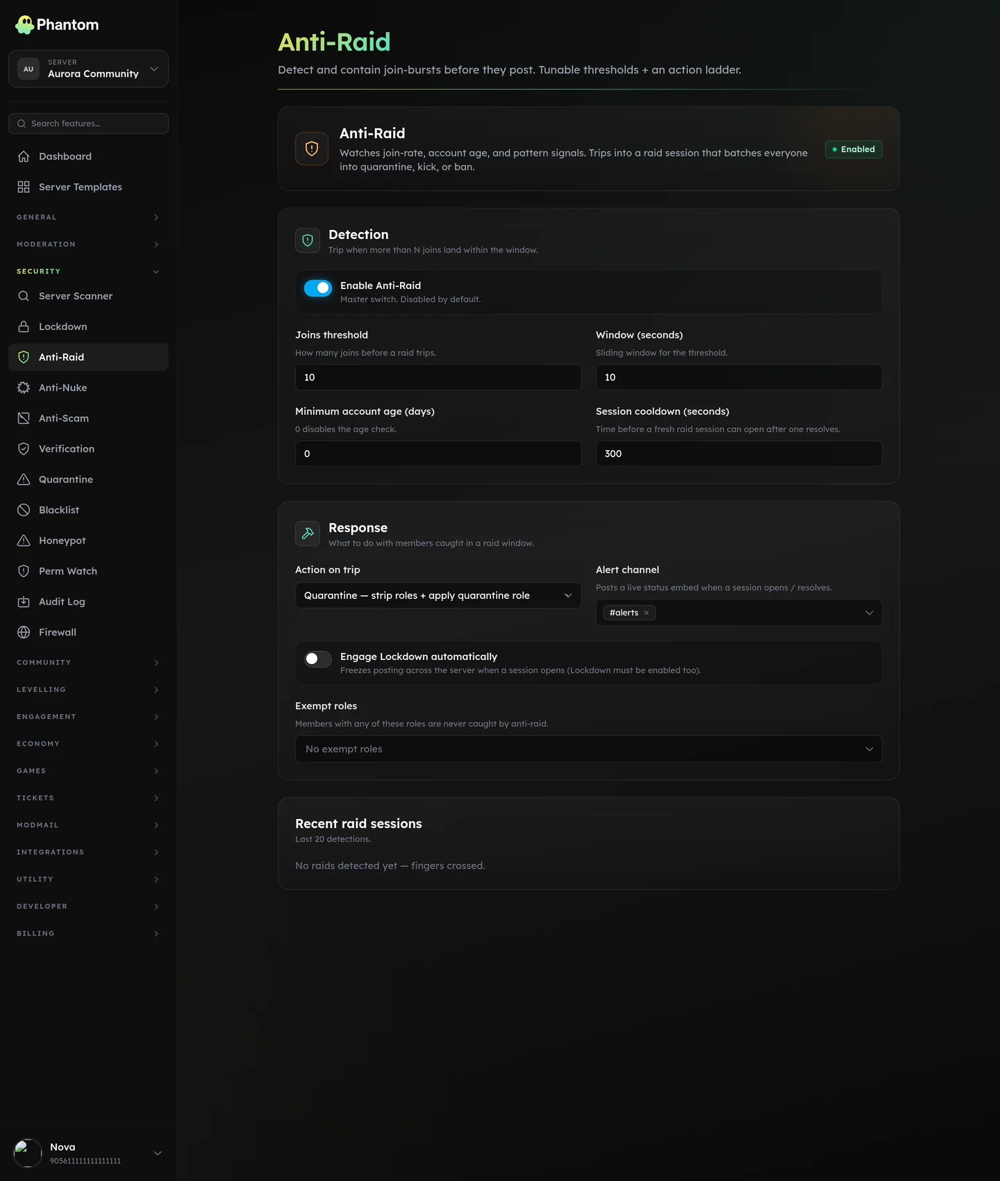 Phantom anti-raid settings for Discord with join rate thresholds and automatic lockdown