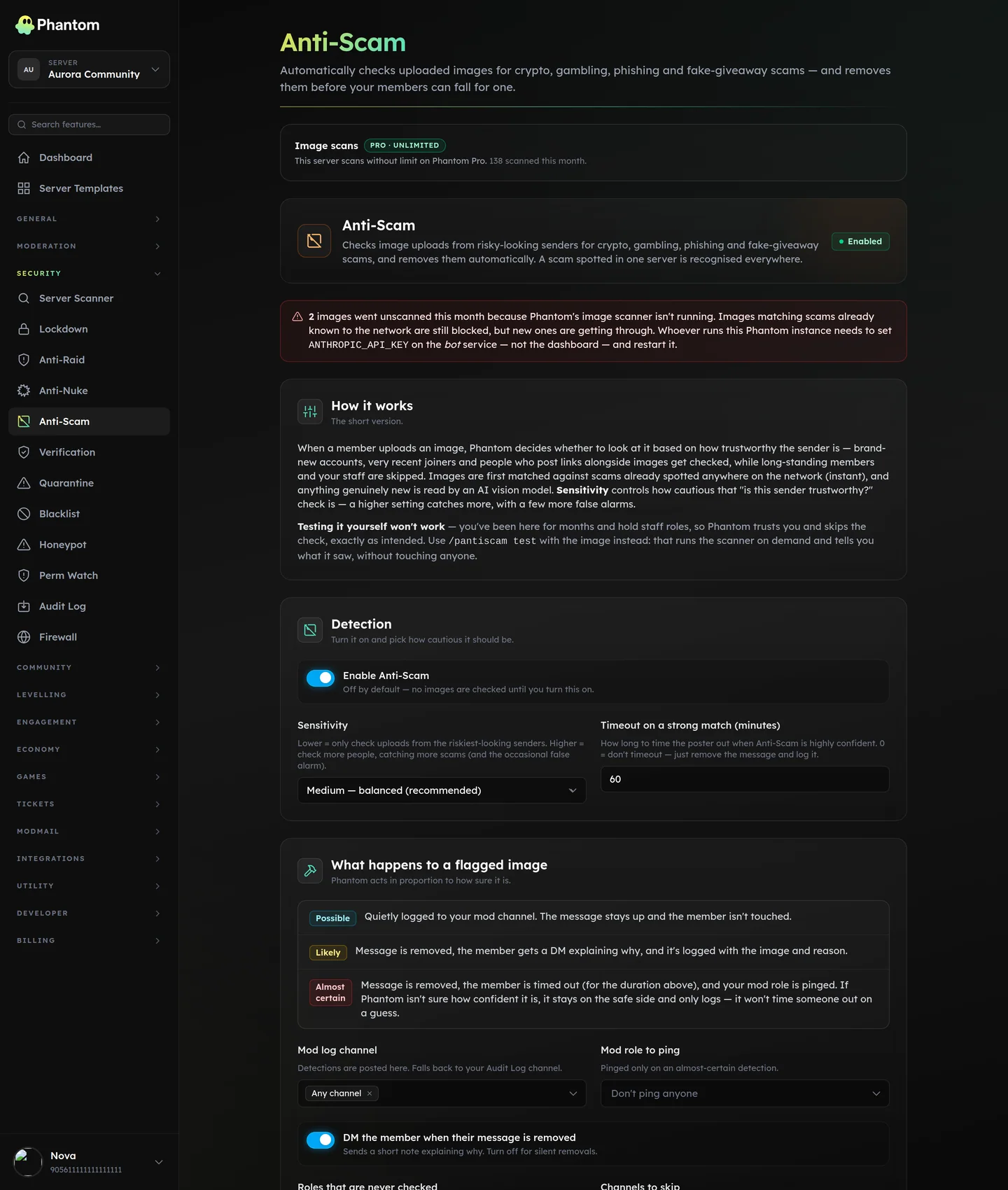 Phantom anti-scam page for Discord showing the image scan meter and detection log