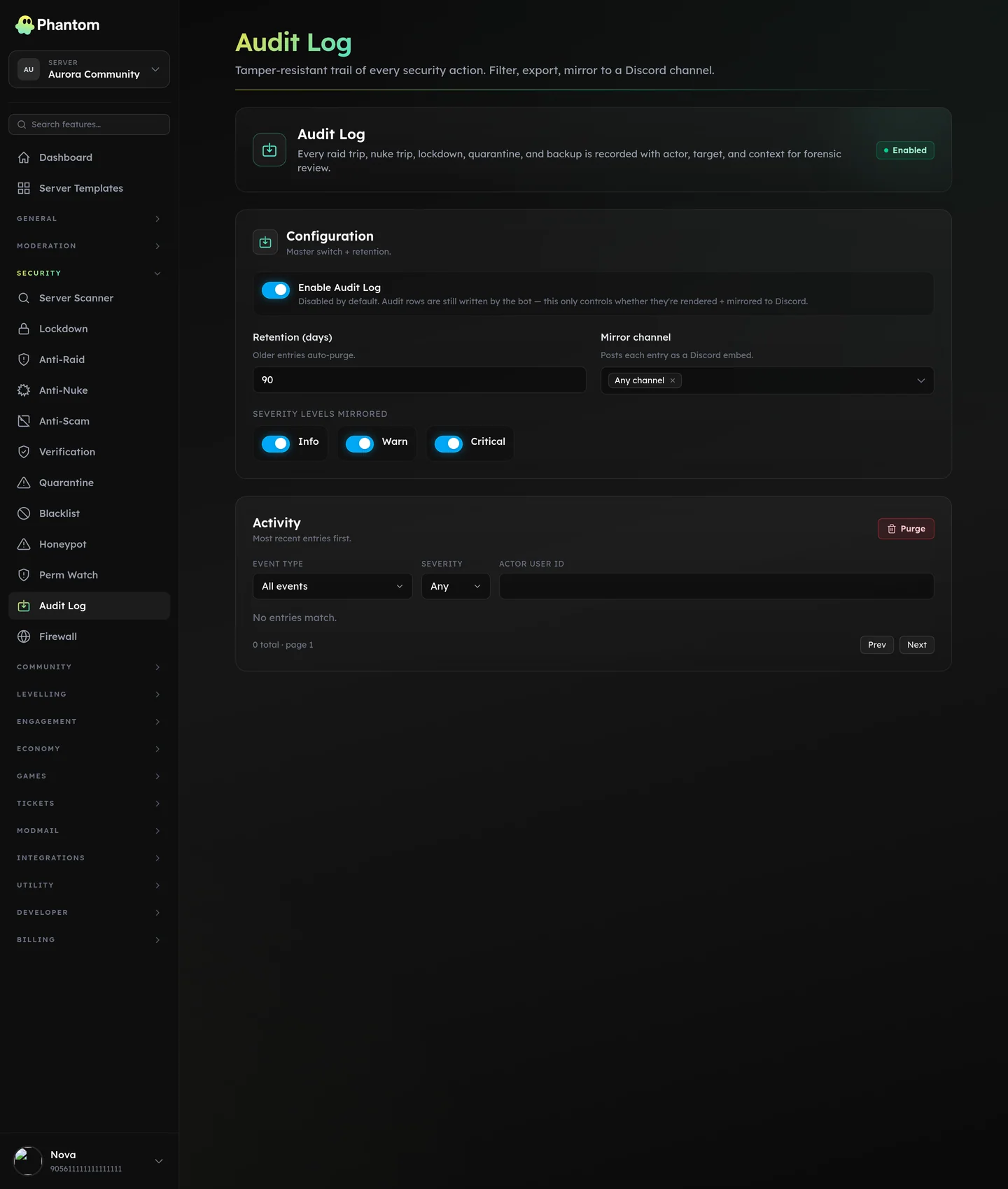 Phantom security audit log for a Discord server, listing every configuration change