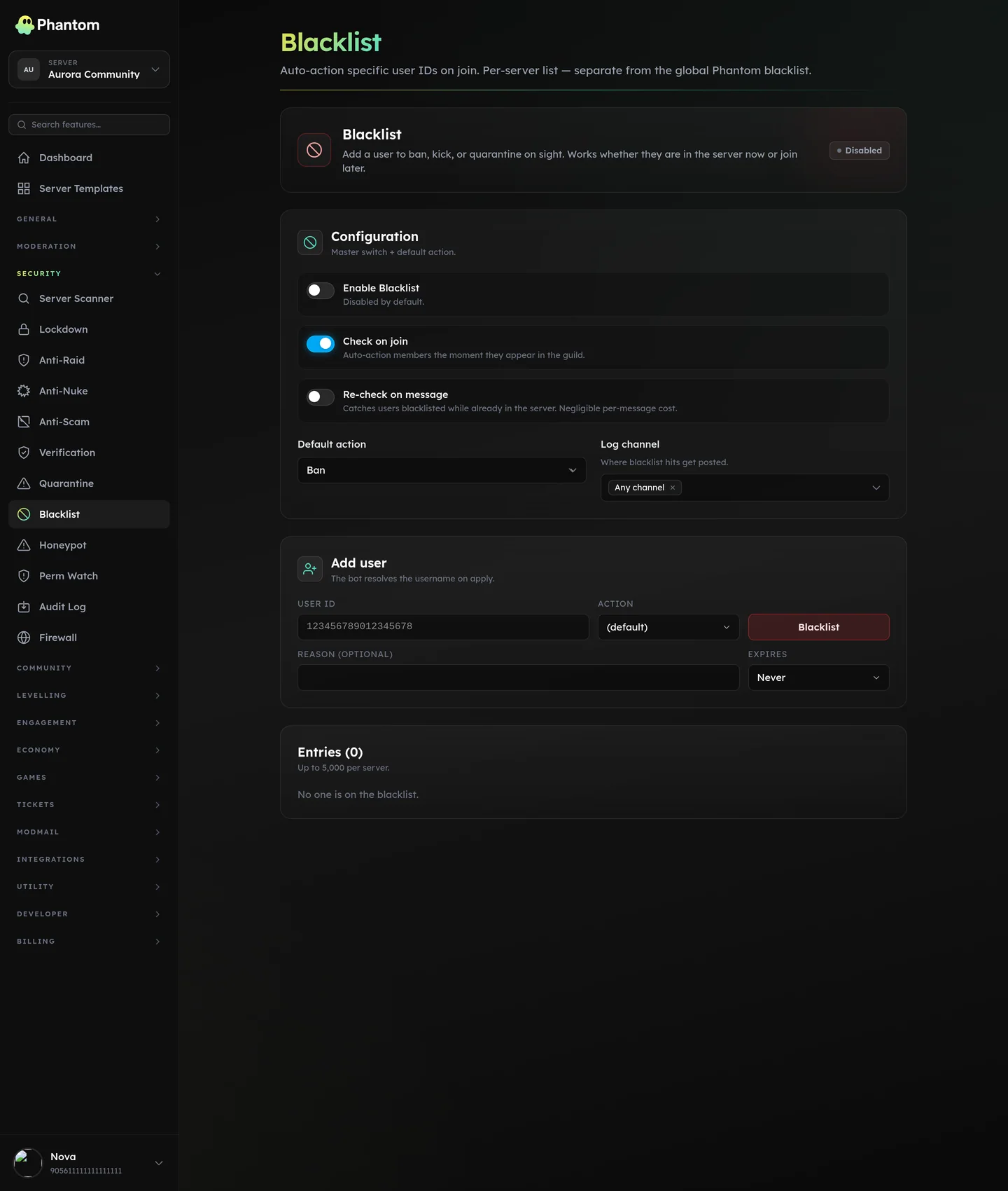 Phantom security blacklist page for banning users across a Discord server