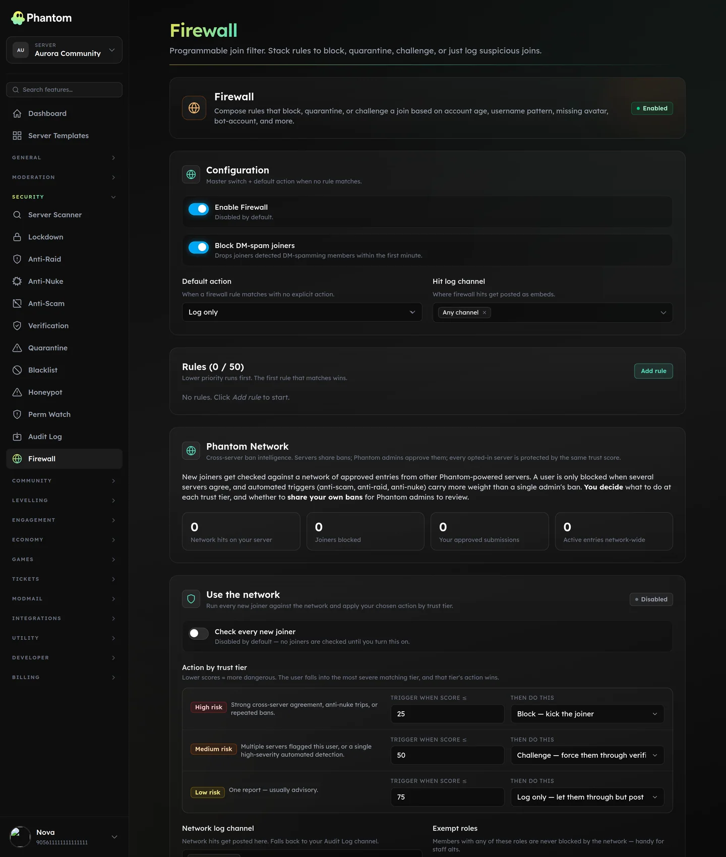 Phantom firewall settings for Discord filtering joins by account age and risk