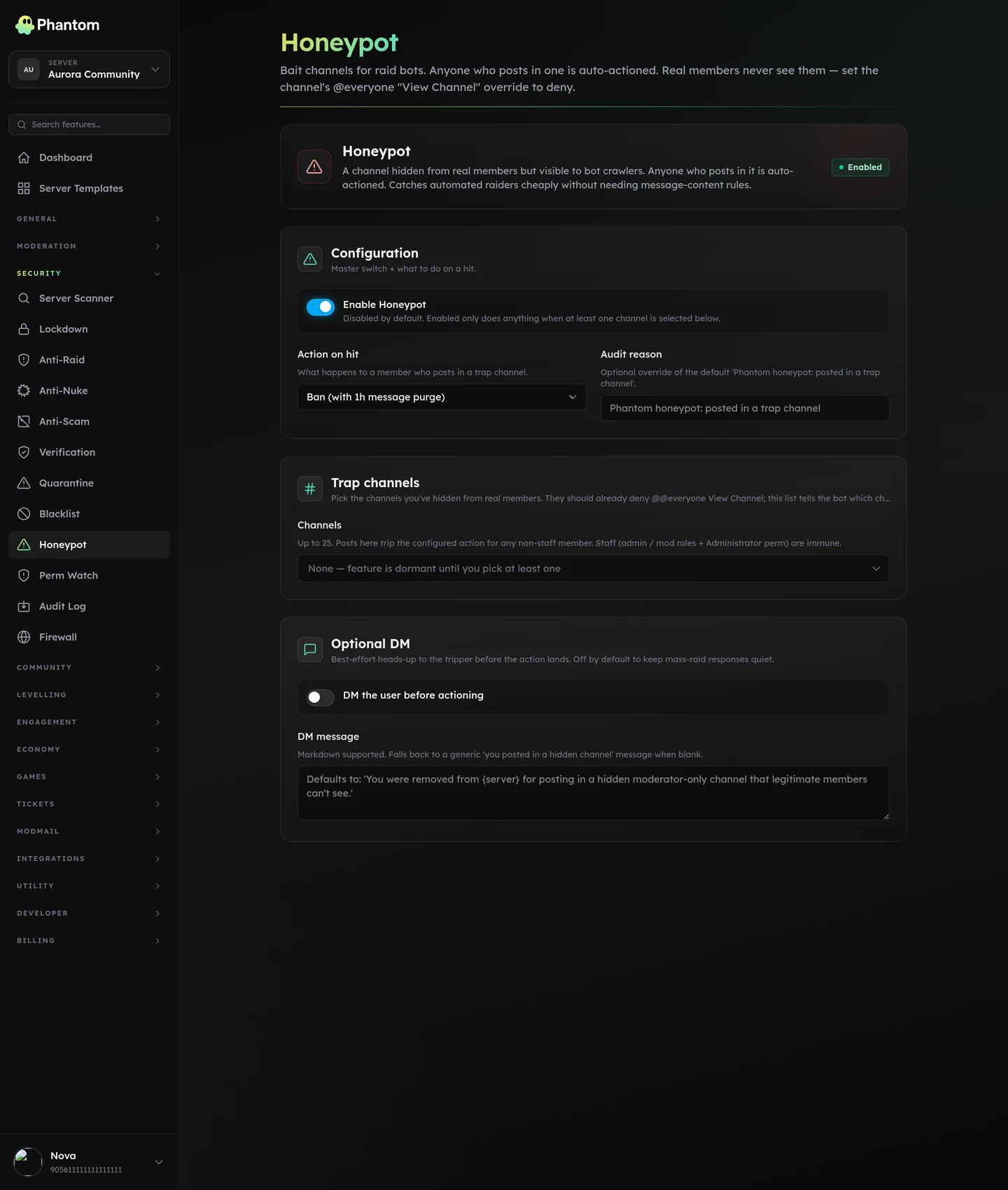 Phantom honeypot channel settings for catching self-bots in Discord