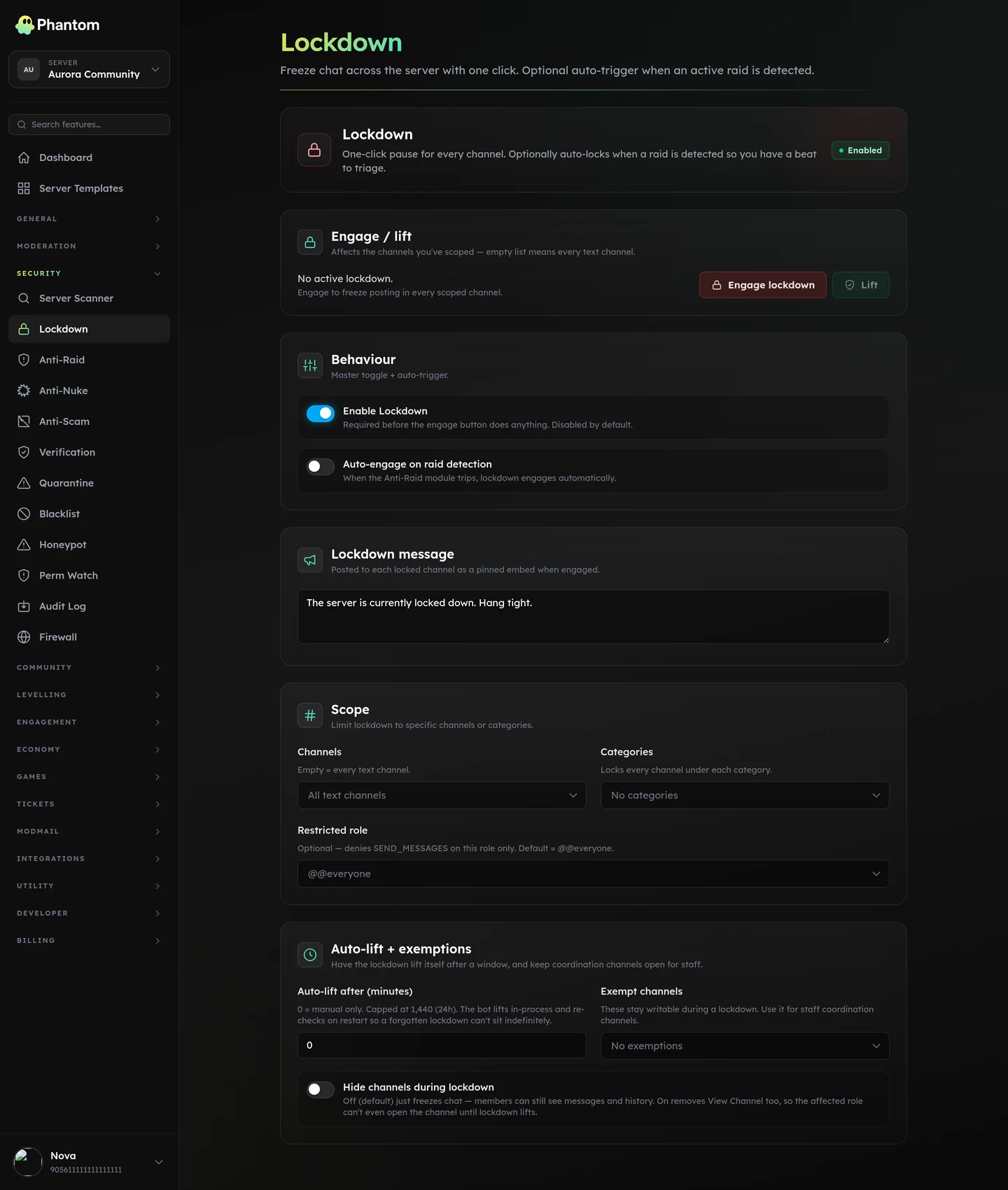 Phantom lockdown controls for a Discord server, closing channels in one click