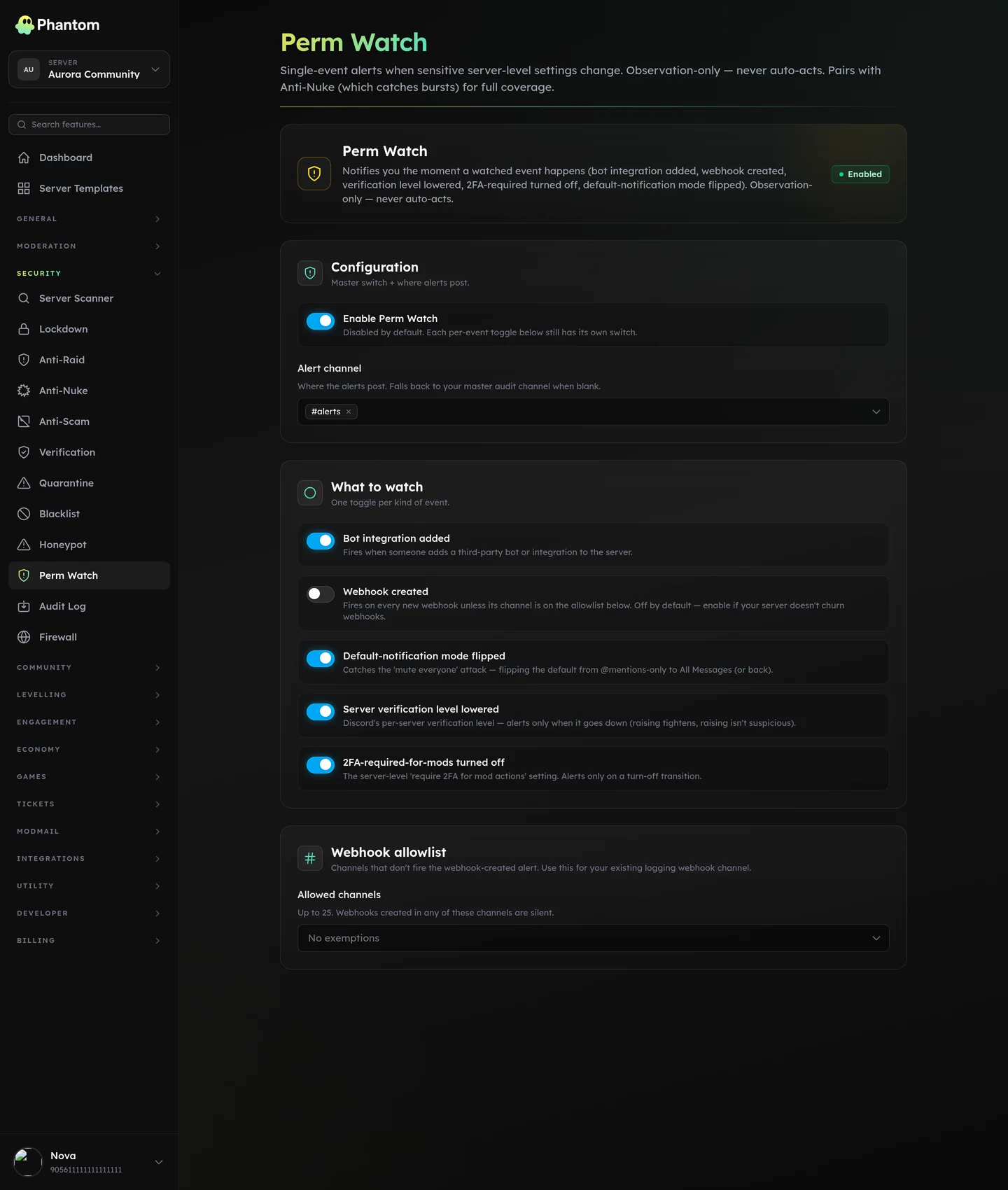 Phantom permission watch settings alerting on dangerous Discord role changes