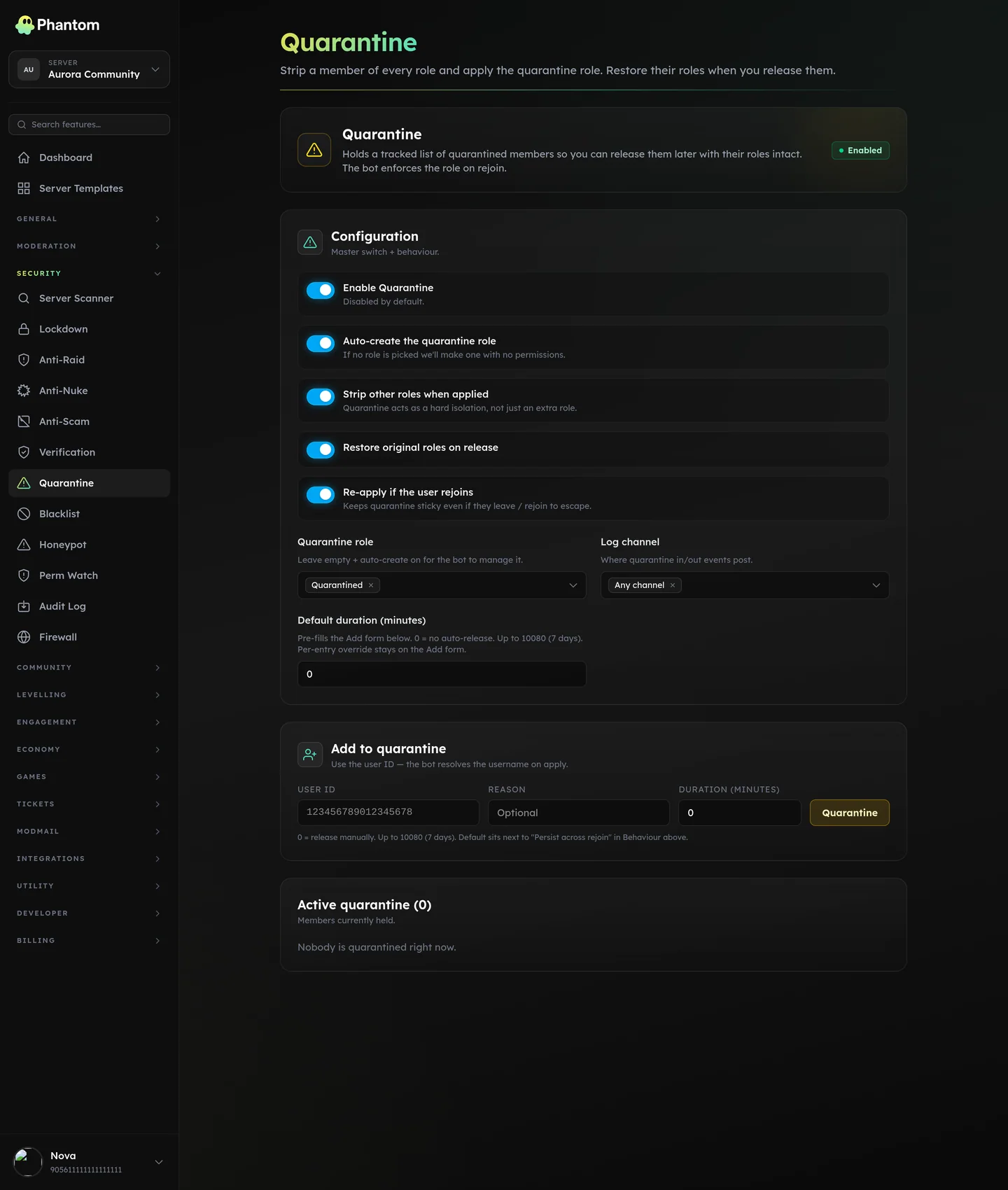 Phantom quarantine page for Discord holding suspicious members in a restricted role