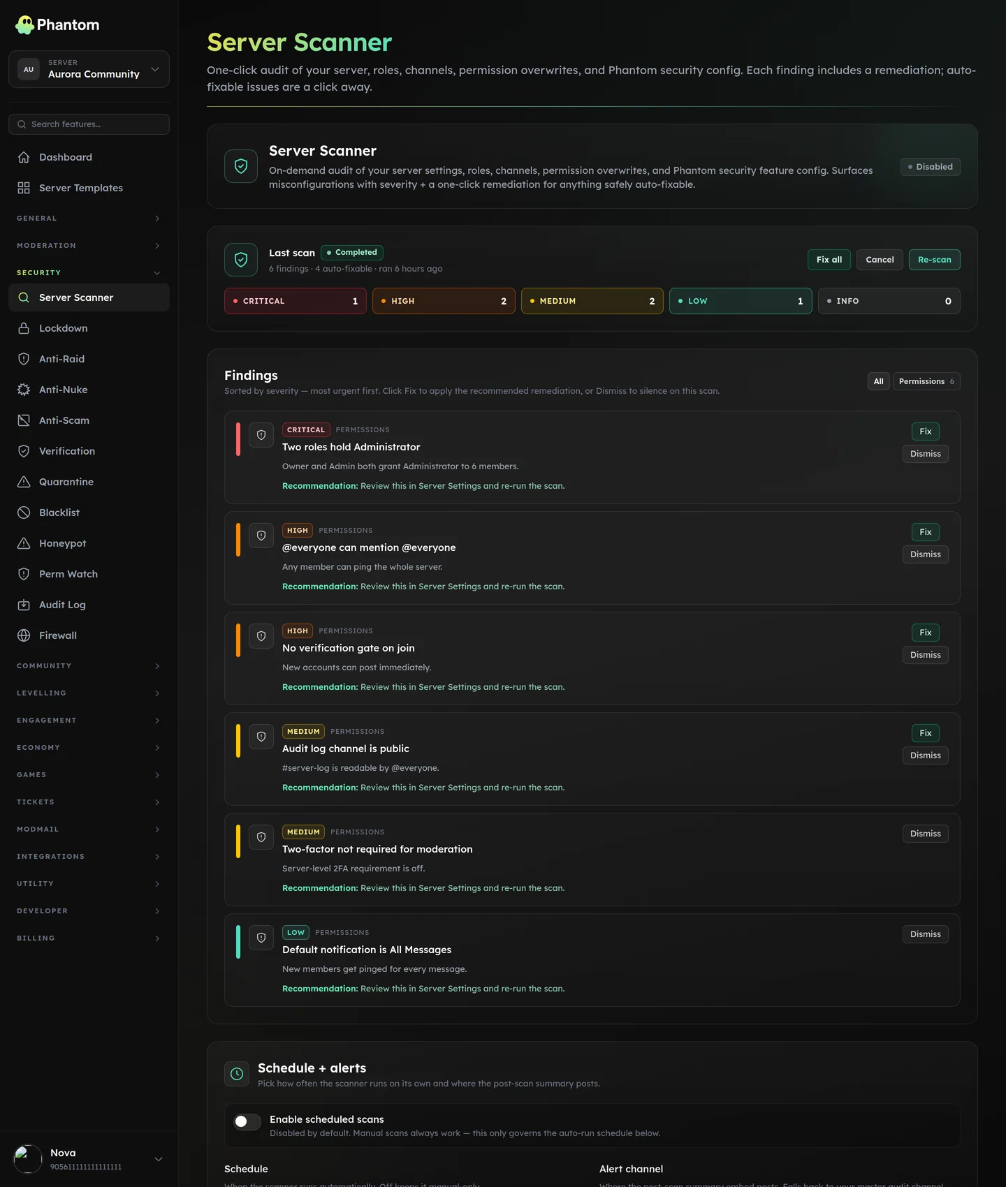 Phantom server scanner results for a Discord server, listing security findings by severity